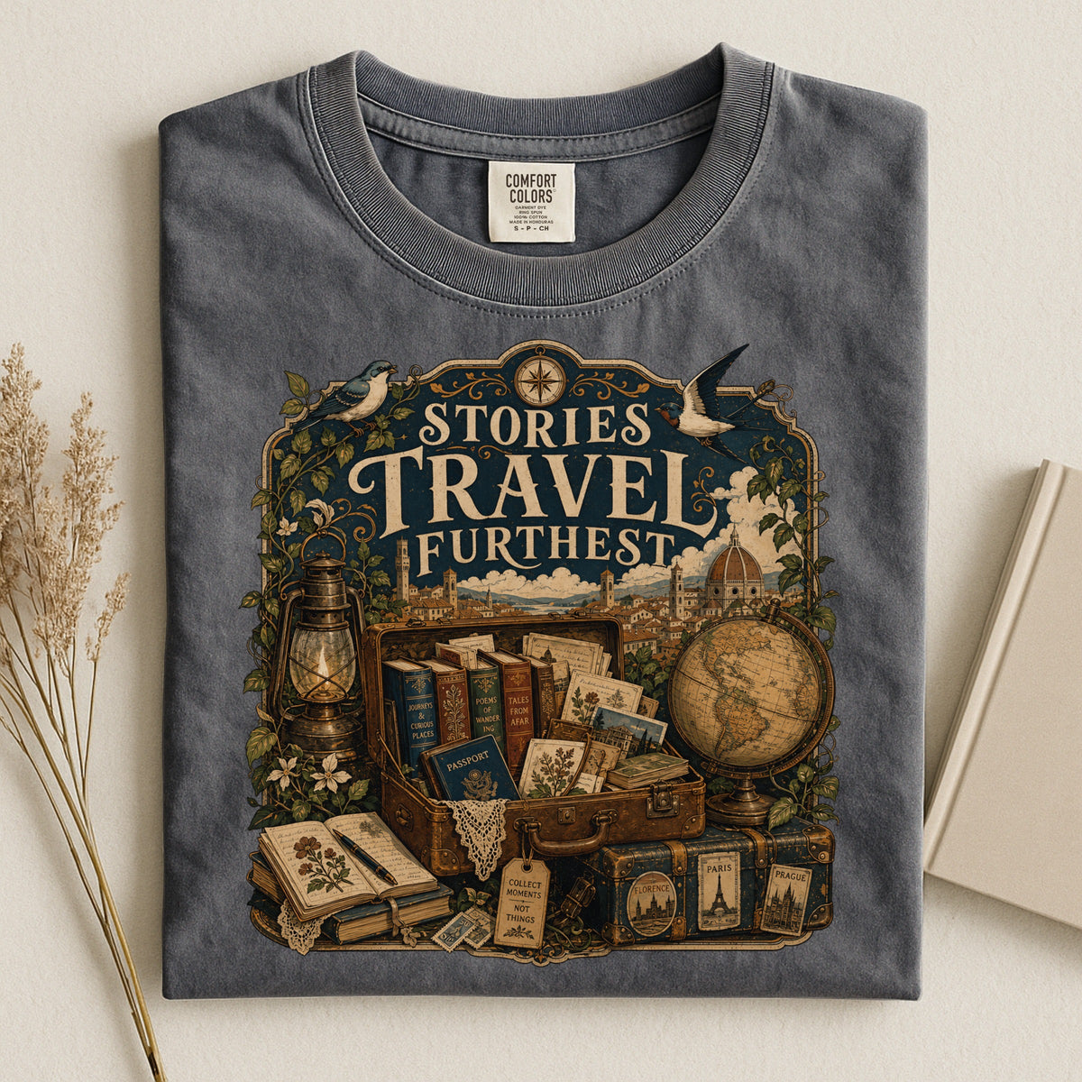 Stories Travel Furthest bookish tee in Pepper, flat lay