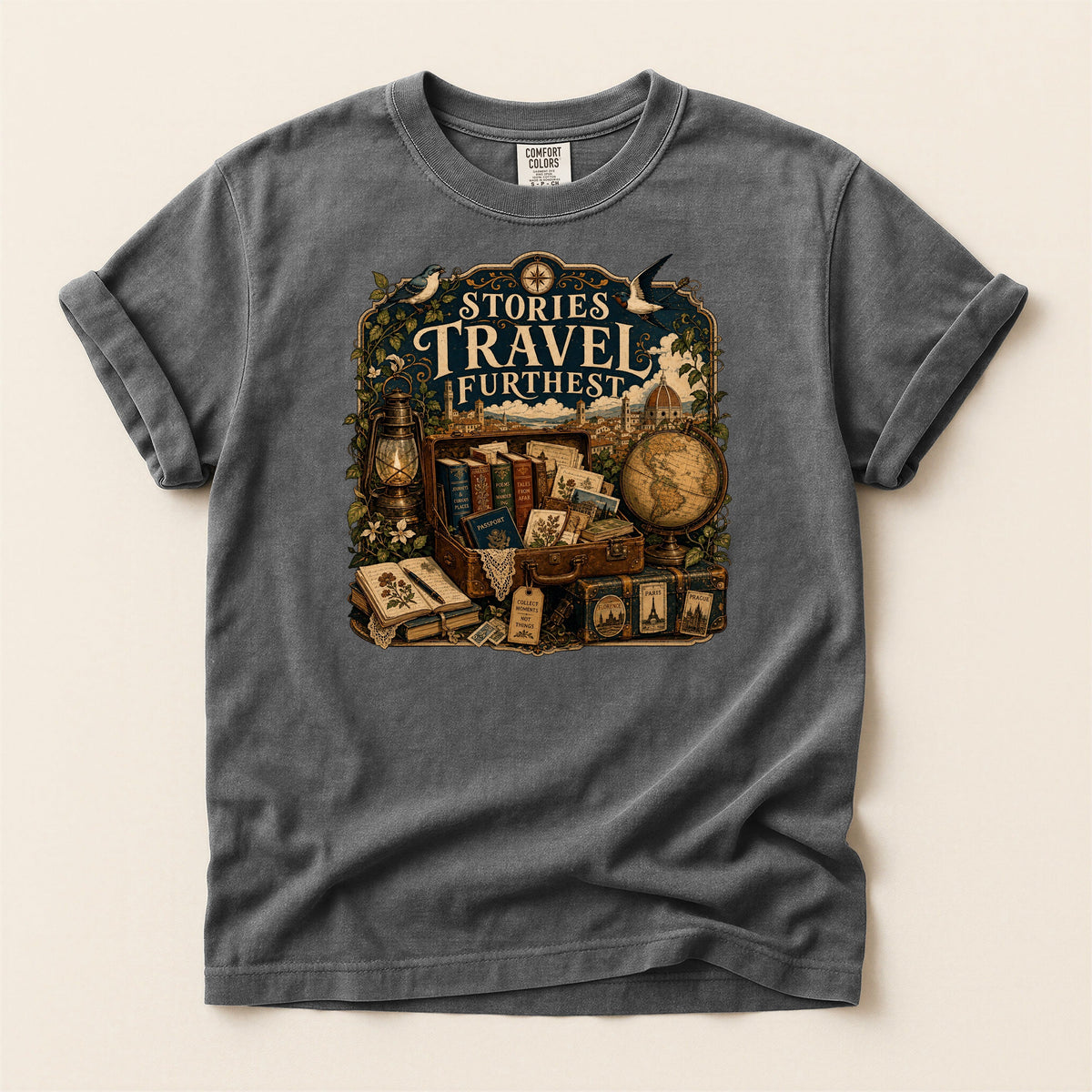 Stories Travel Furthest bookish tee in Pepper, full flat