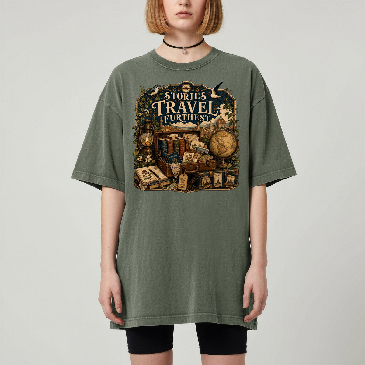 Stories Travel Furthest bookish tee in Moss, worn
