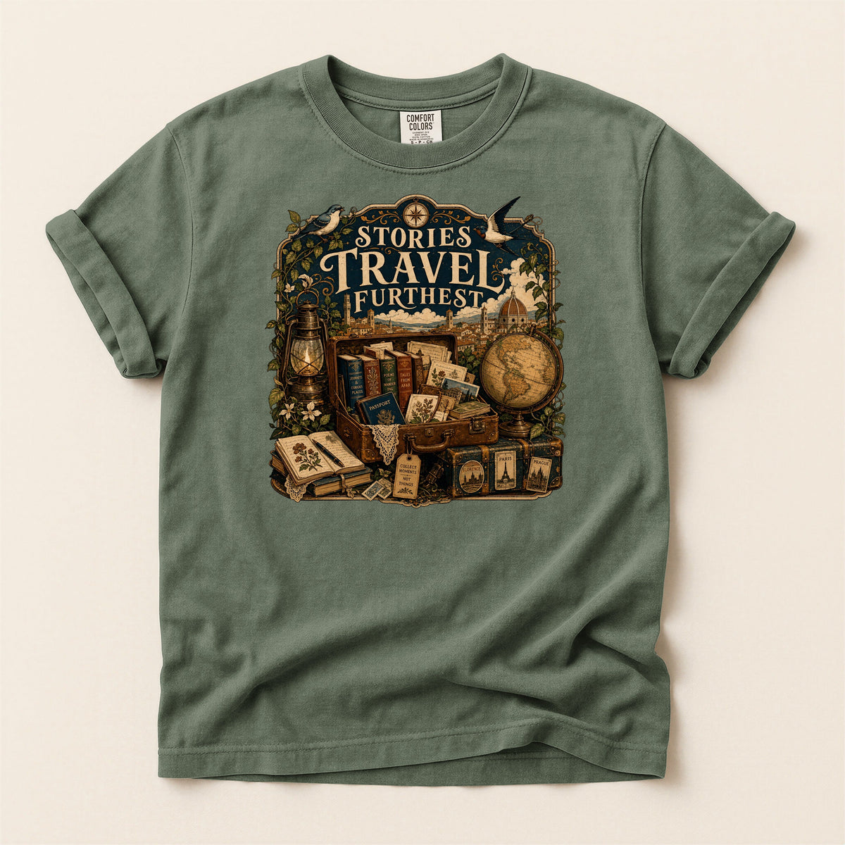 Stories Travel Furthest bookish tee in Moss, full flat