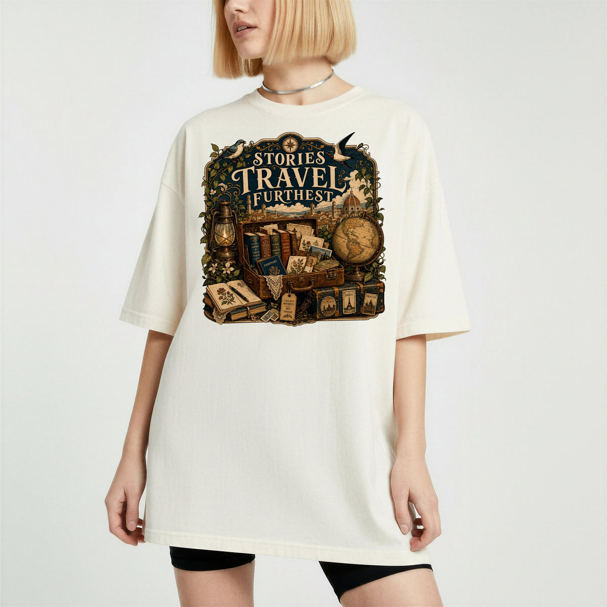Stories Travel Furthest bookish tee in Ivory, worn