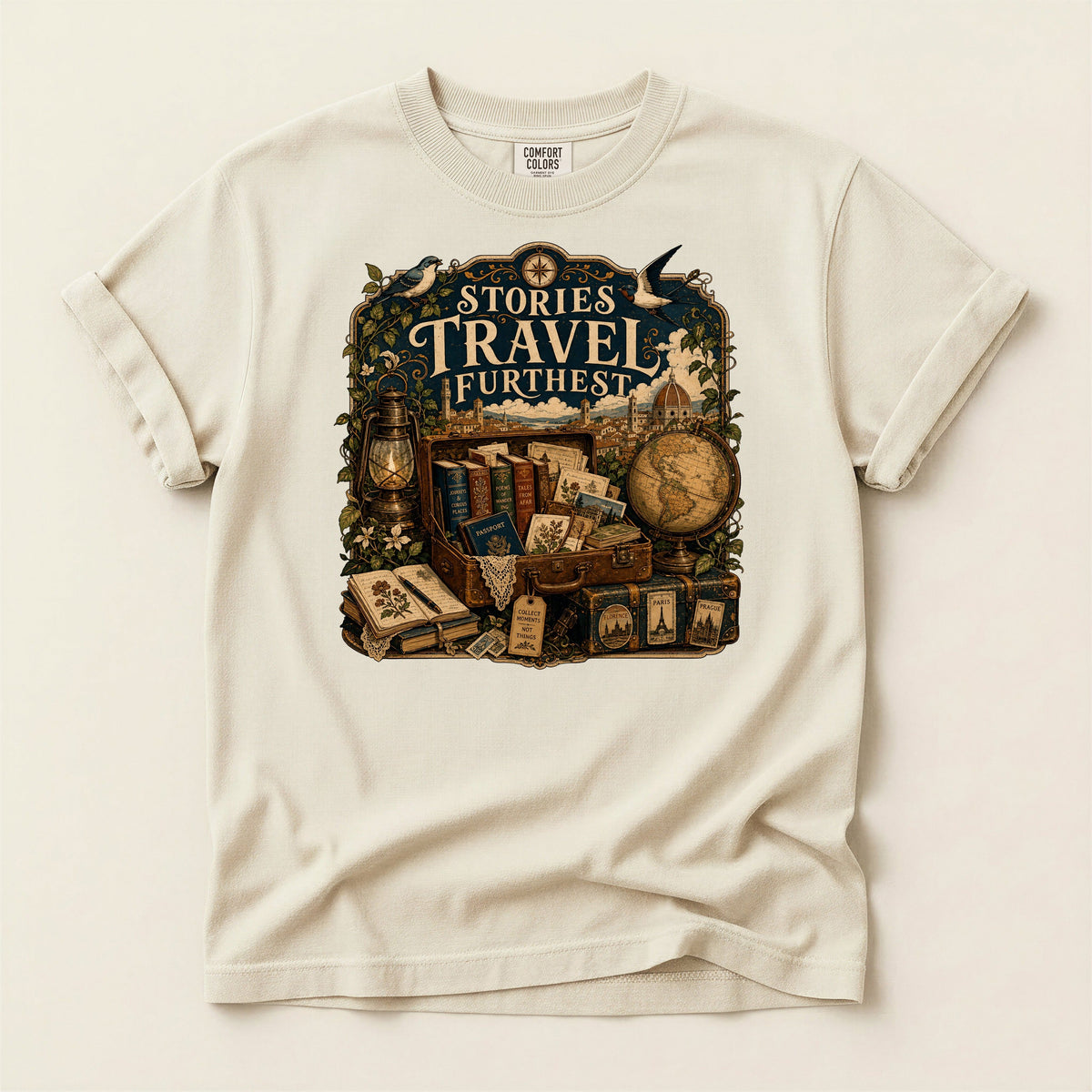 Stories Travel Furthest bookish tee in Ivory, full flat