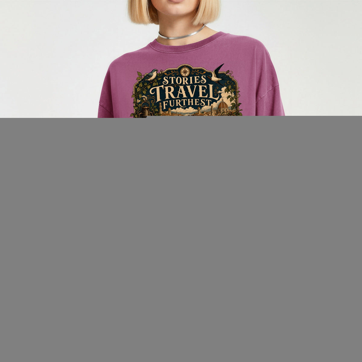 Stories Travel Furthest bookish tee in Berry, worn