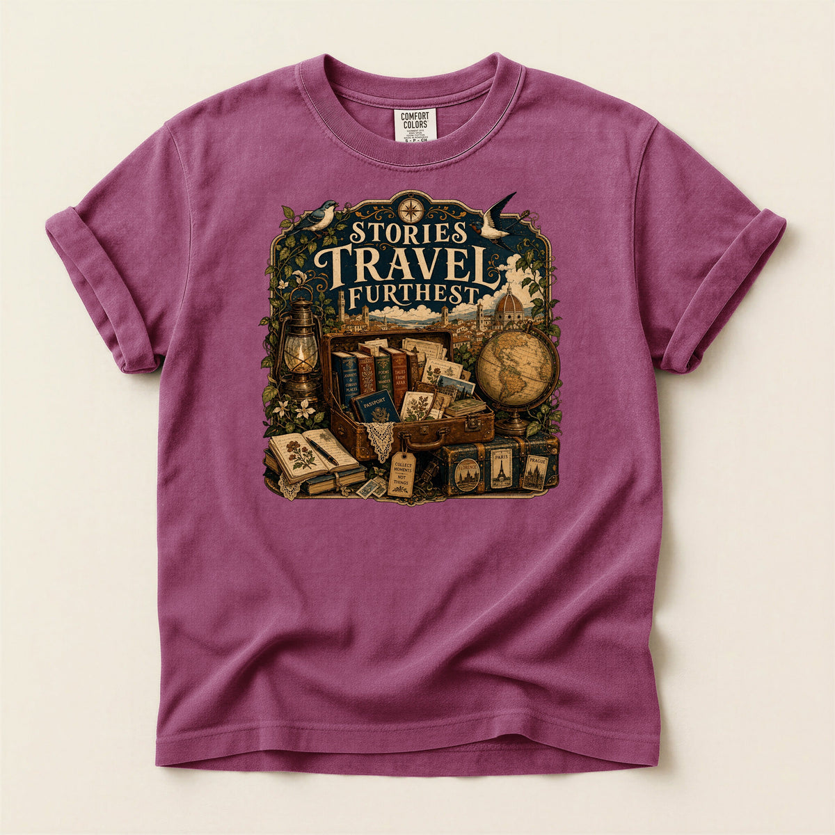 Stories Travel Furthest bookish tee in Berry, full flat