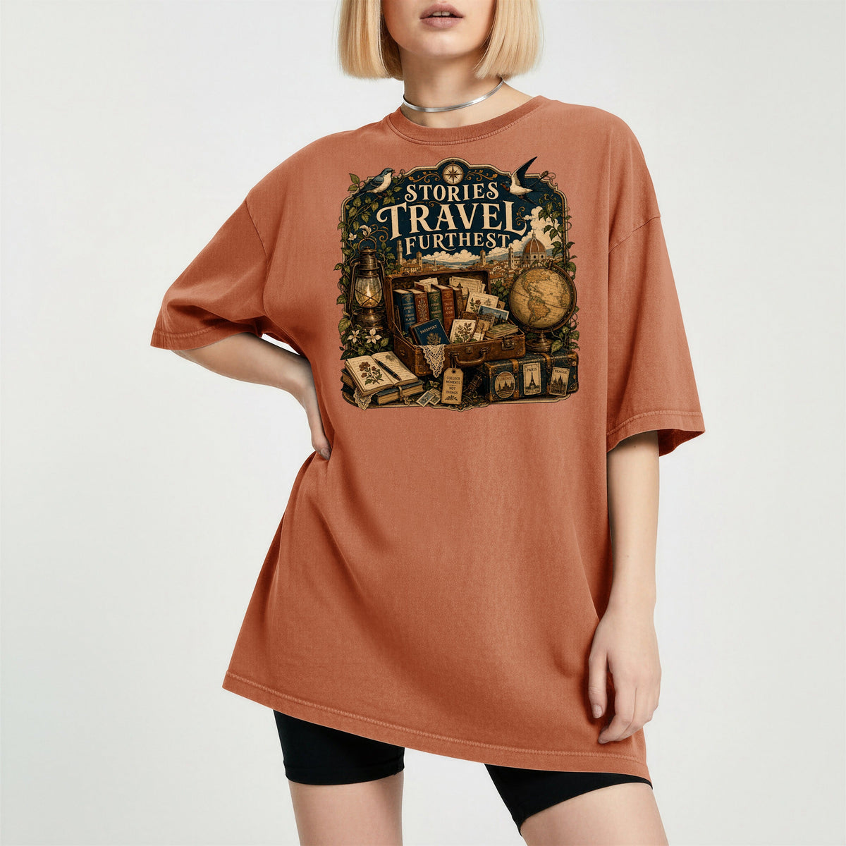 Stories Travel Furthest bookish tee in Yam, worn