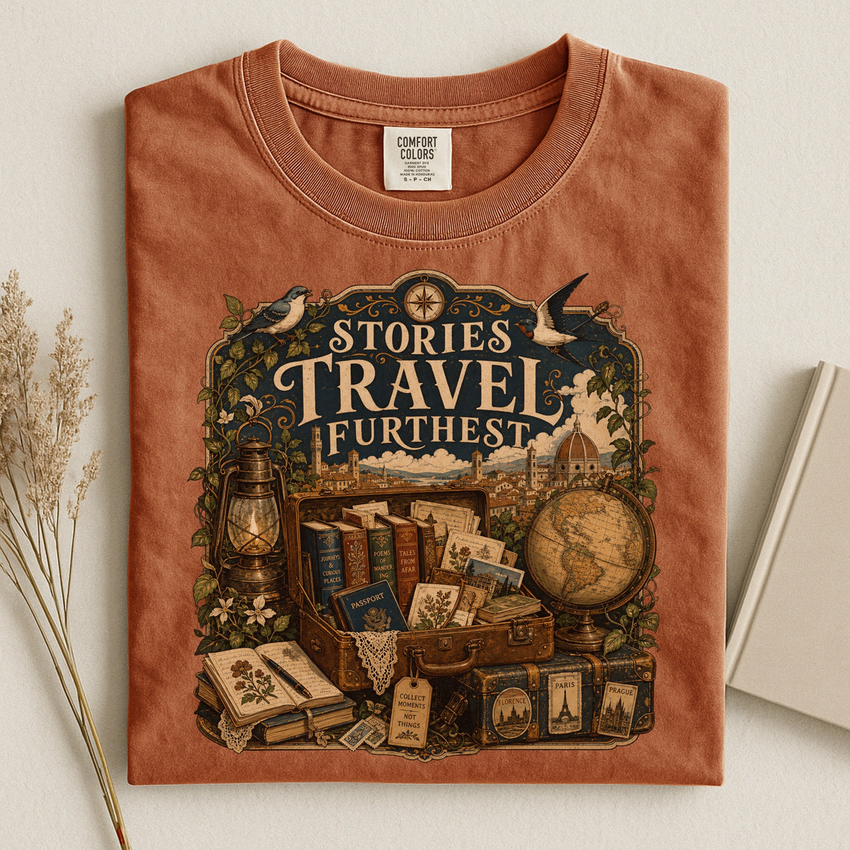 Stories Travel Furthest bookish tee in Yam, flat lay