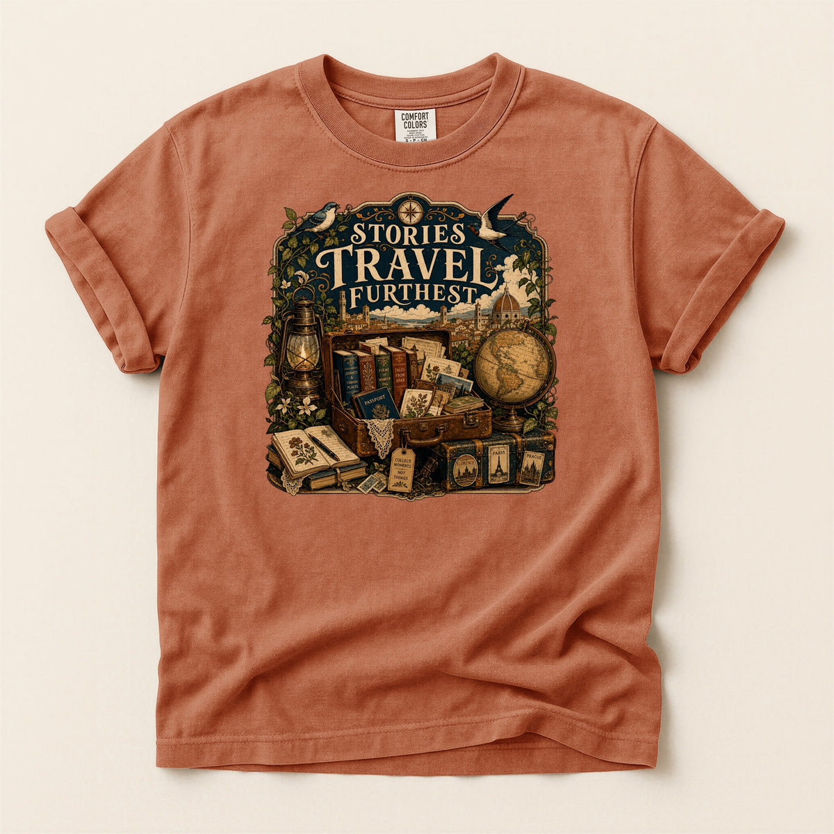 Stories Travel Furthest bookish tee in Yam, full flat