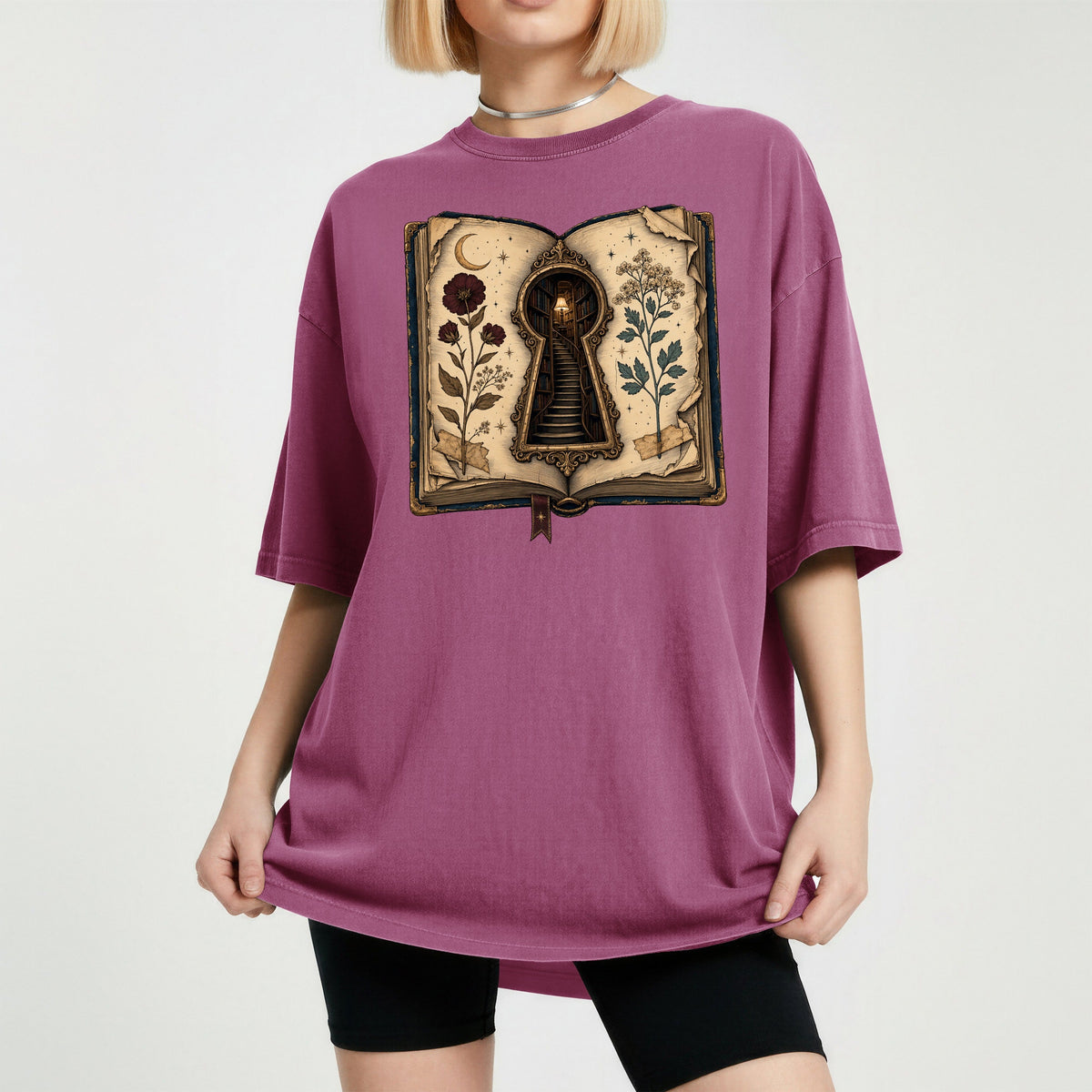 Shelf Love Studio Surreal Keyhole Book t-shirt in Berry, worn