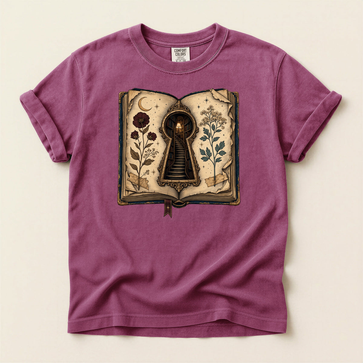 Shelf Love Studio Surreal Keyhole Book t-shirt in Berry, flat