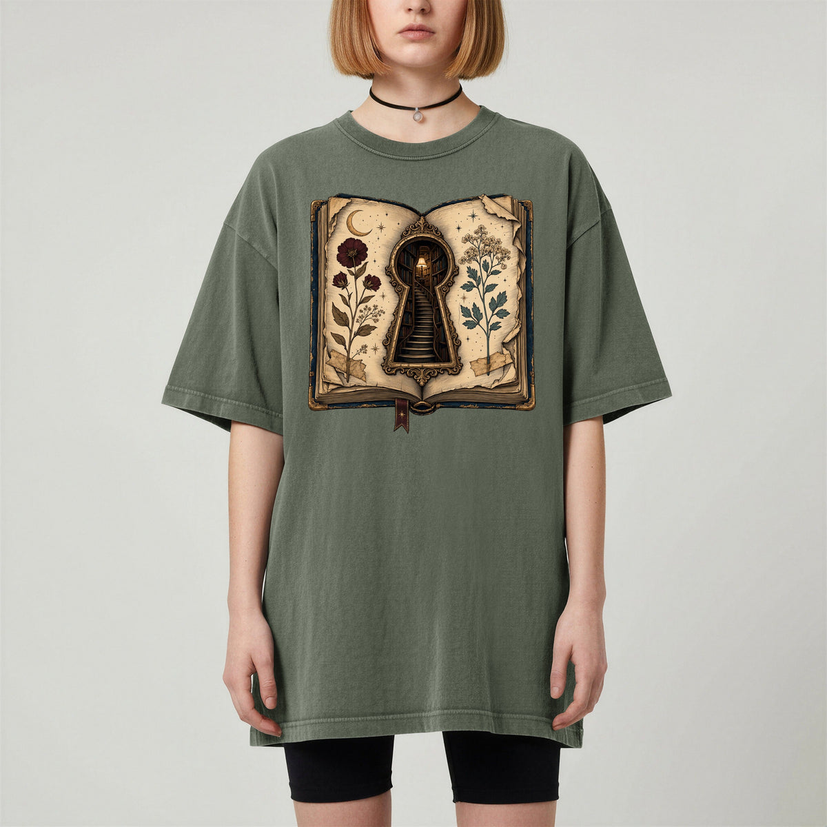 Shelf Love Studio Surreal Keyhole Book t-shirt in Moss, worn