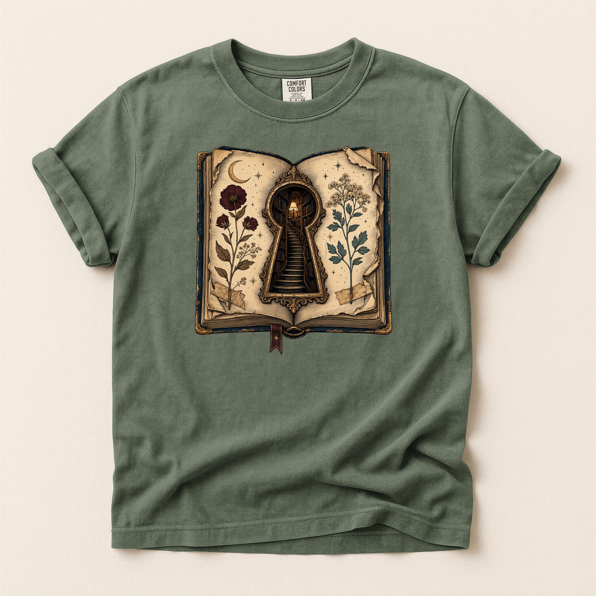Shelf Love Studio Surreal Keyhole Book t-shirt in Moss, flat