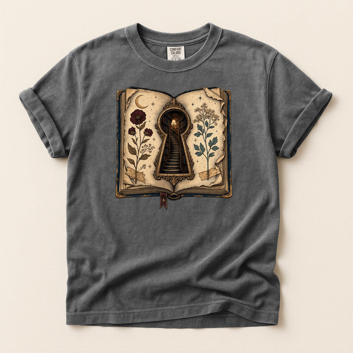 Shelf Love Studio Surreal Keyhole Book t-shirt in Pepper, flat