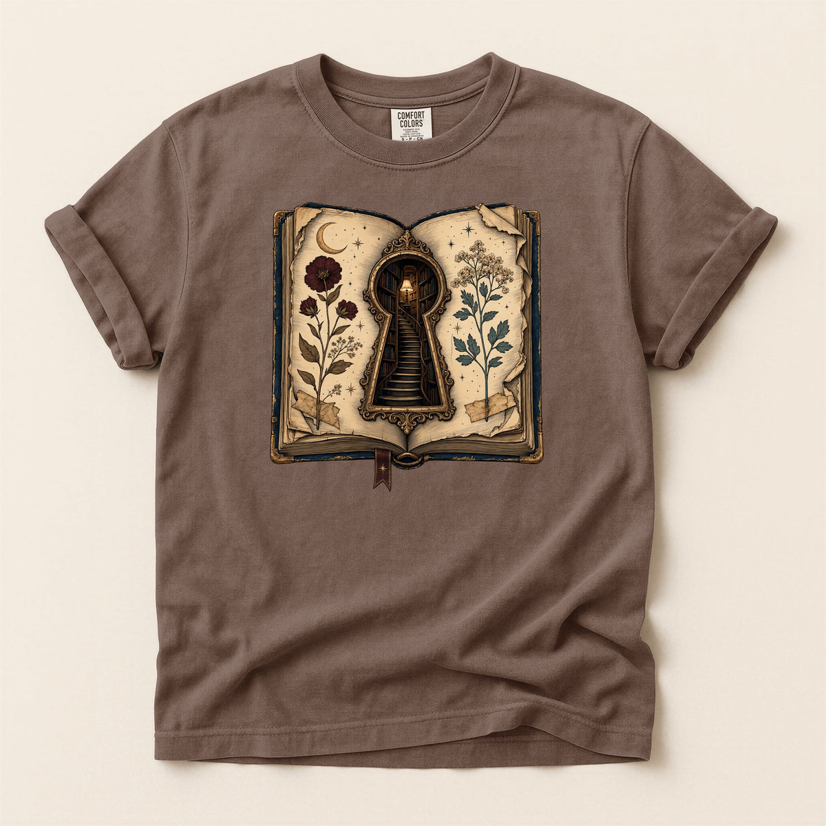 Shelf Love Studio Surreal Keyhole Book t-shirt in Espresso, flat