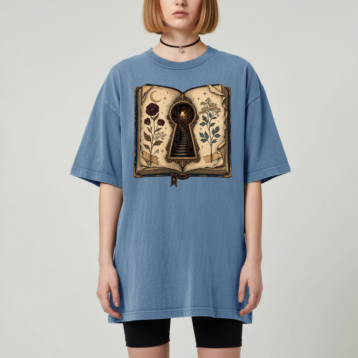 Shelf Love Studio Surreal Keyhole Book t-shirt in Blue Jean, worn