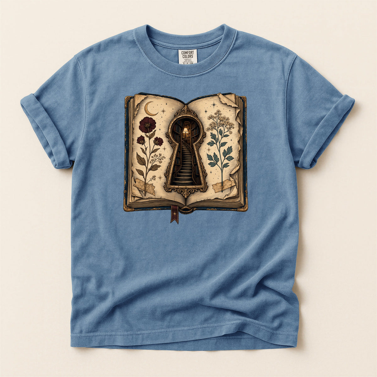 Shelf Love Studio Surreal Keyhole Book t-shirt in Blue Jean, flat