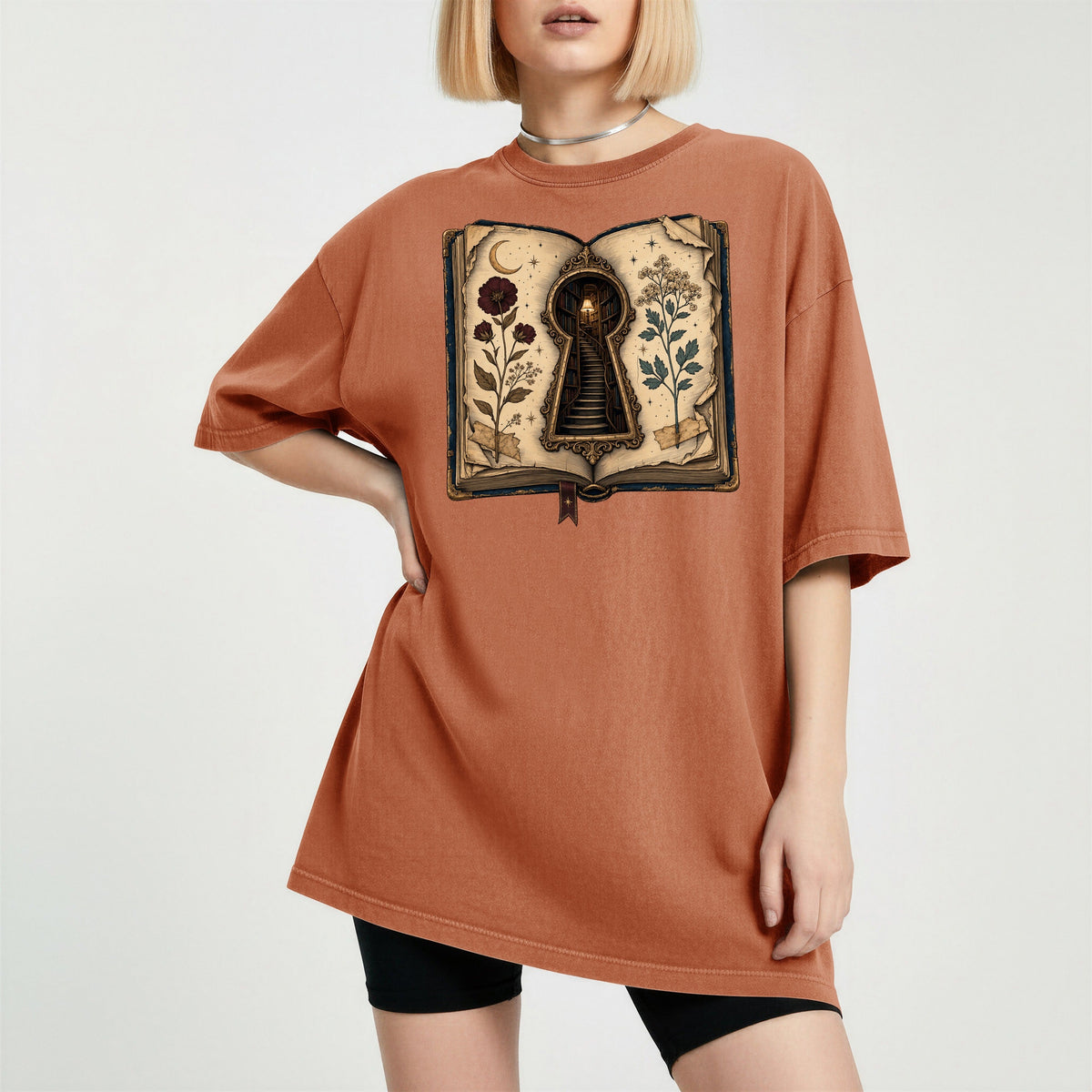 Shelf Love Studio Surreal Keyhole Book t-shirt in Yam, worn