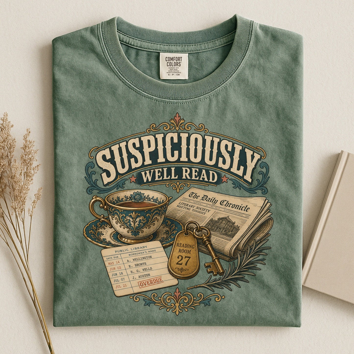 Suspiciously Well Read bookish tee in Moss, flat lay