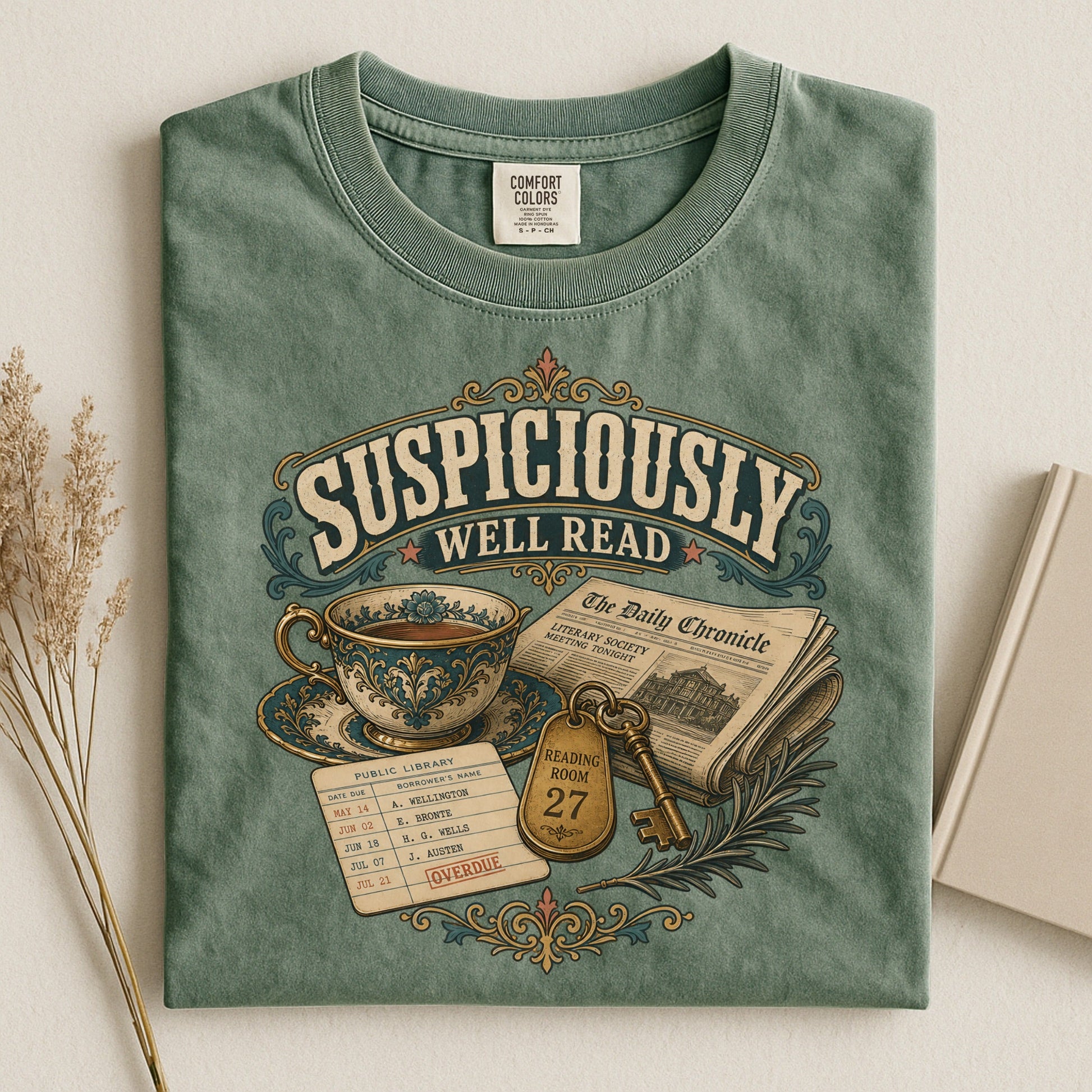 Suspiciously Well Read bookish tee in Moss, flat lay