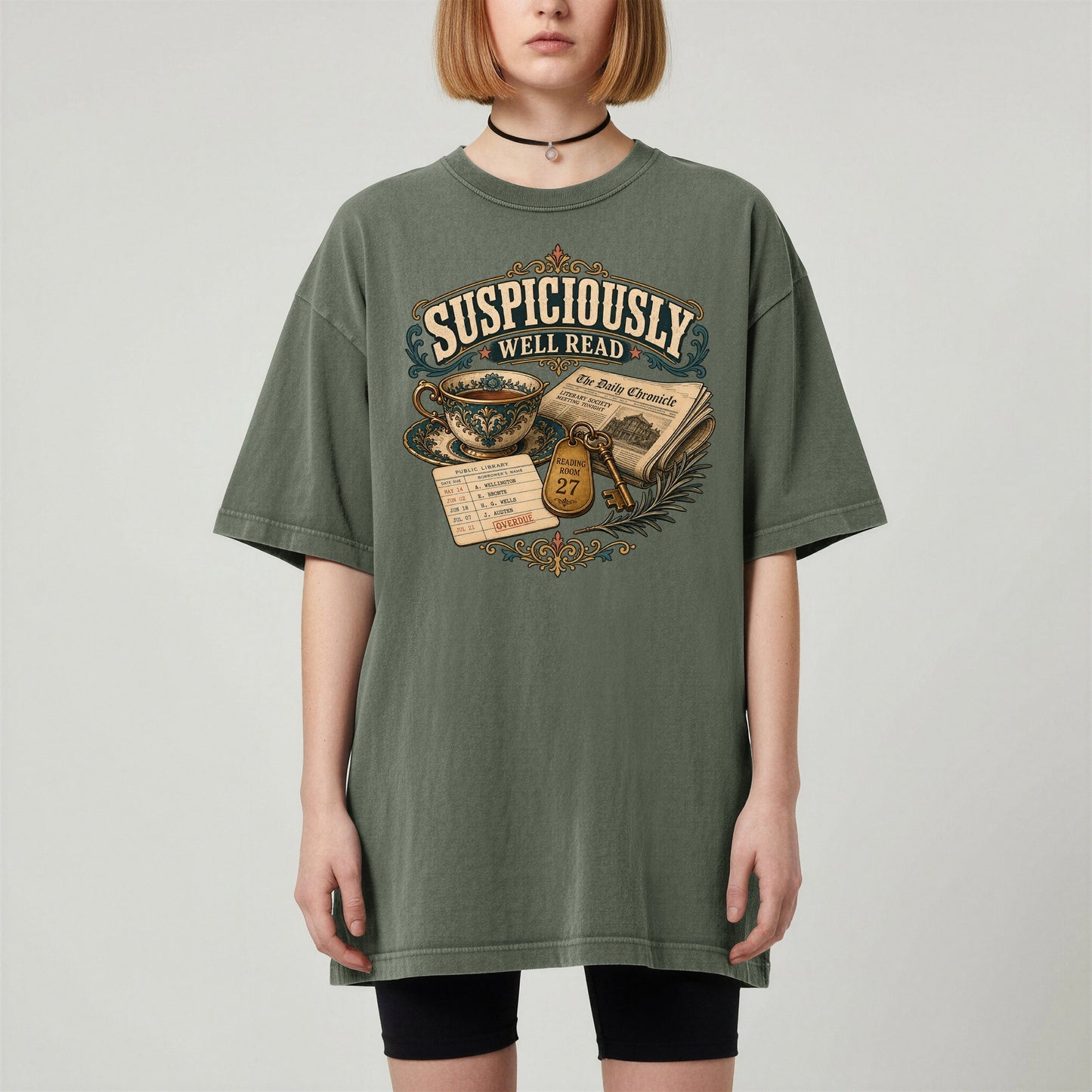 Suspiciously Well Read bookish tee in Moss, worn