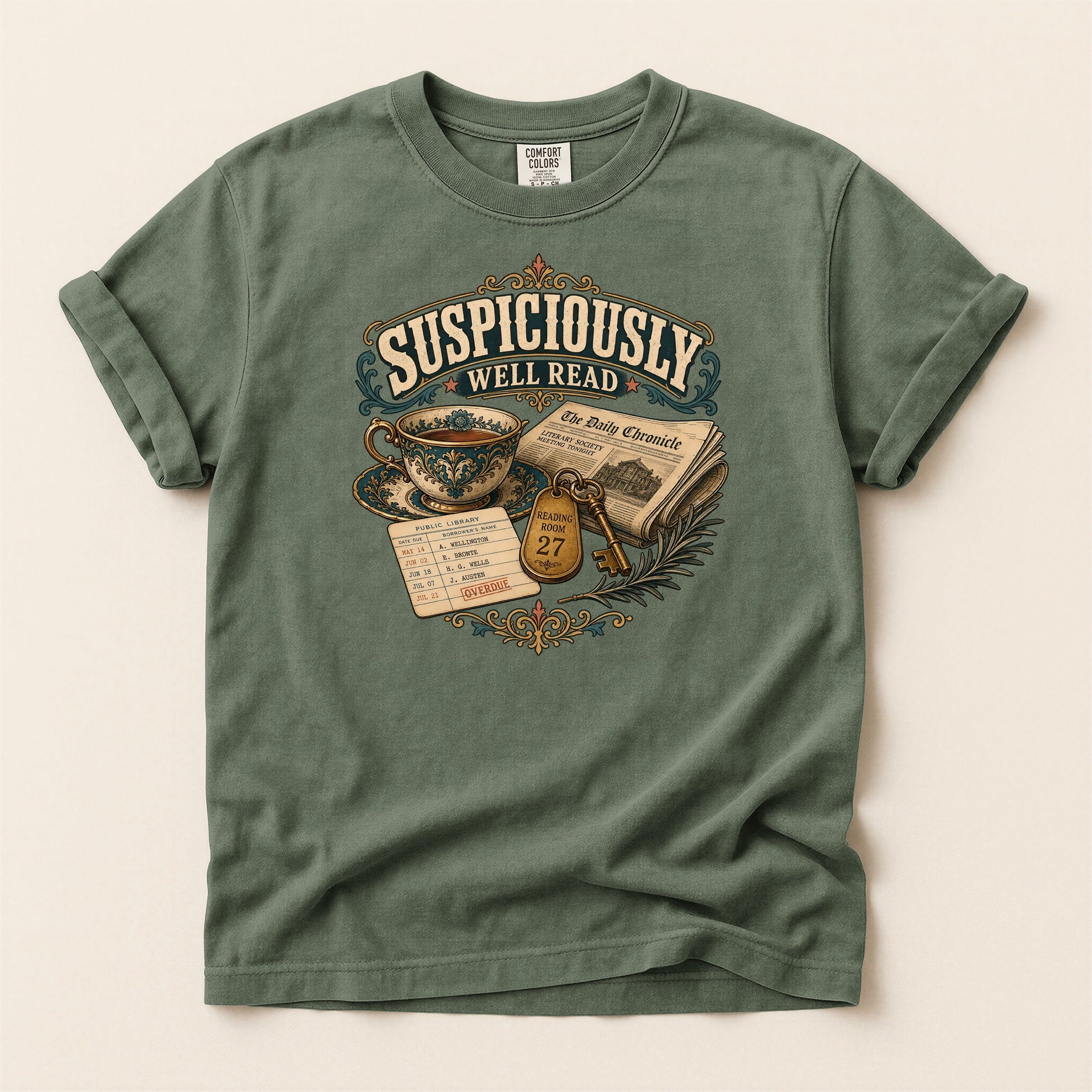 Suspiciously Well Read bookish tee in Moss, full flat