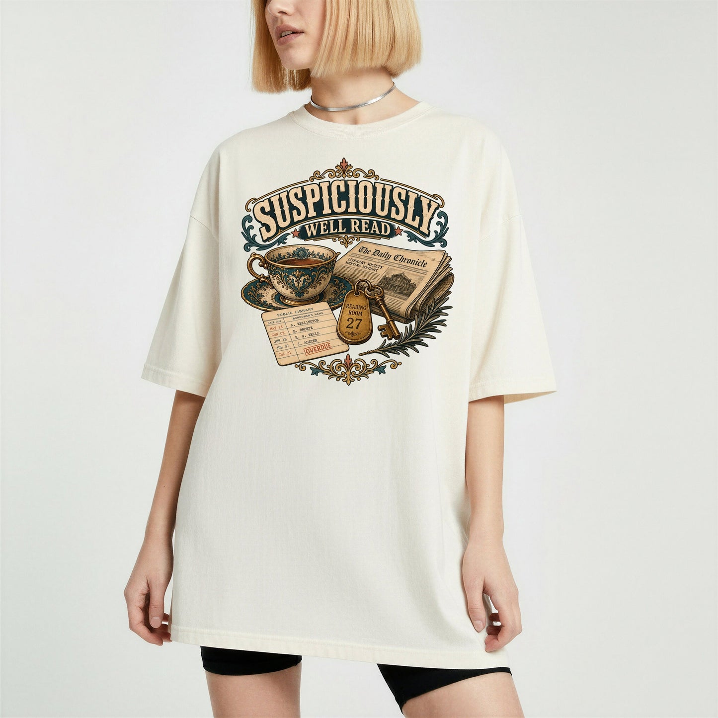 Suspiciously Well Read bookish tee in Ivory, worn