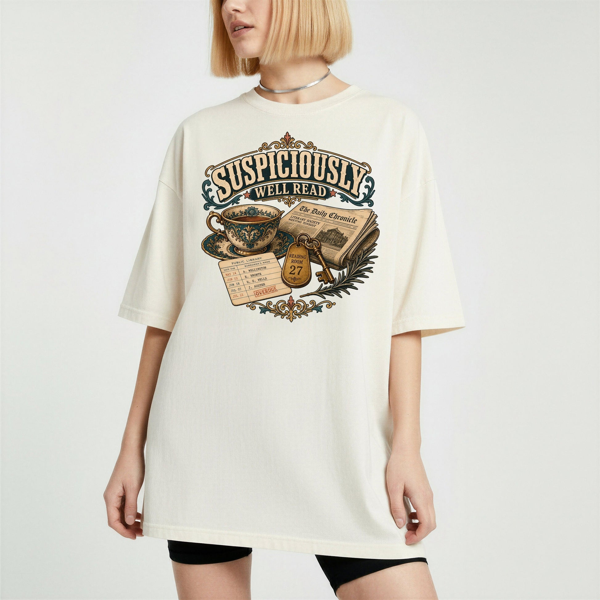 Suspiciously Well Read bookish tee in Ivory, worn
