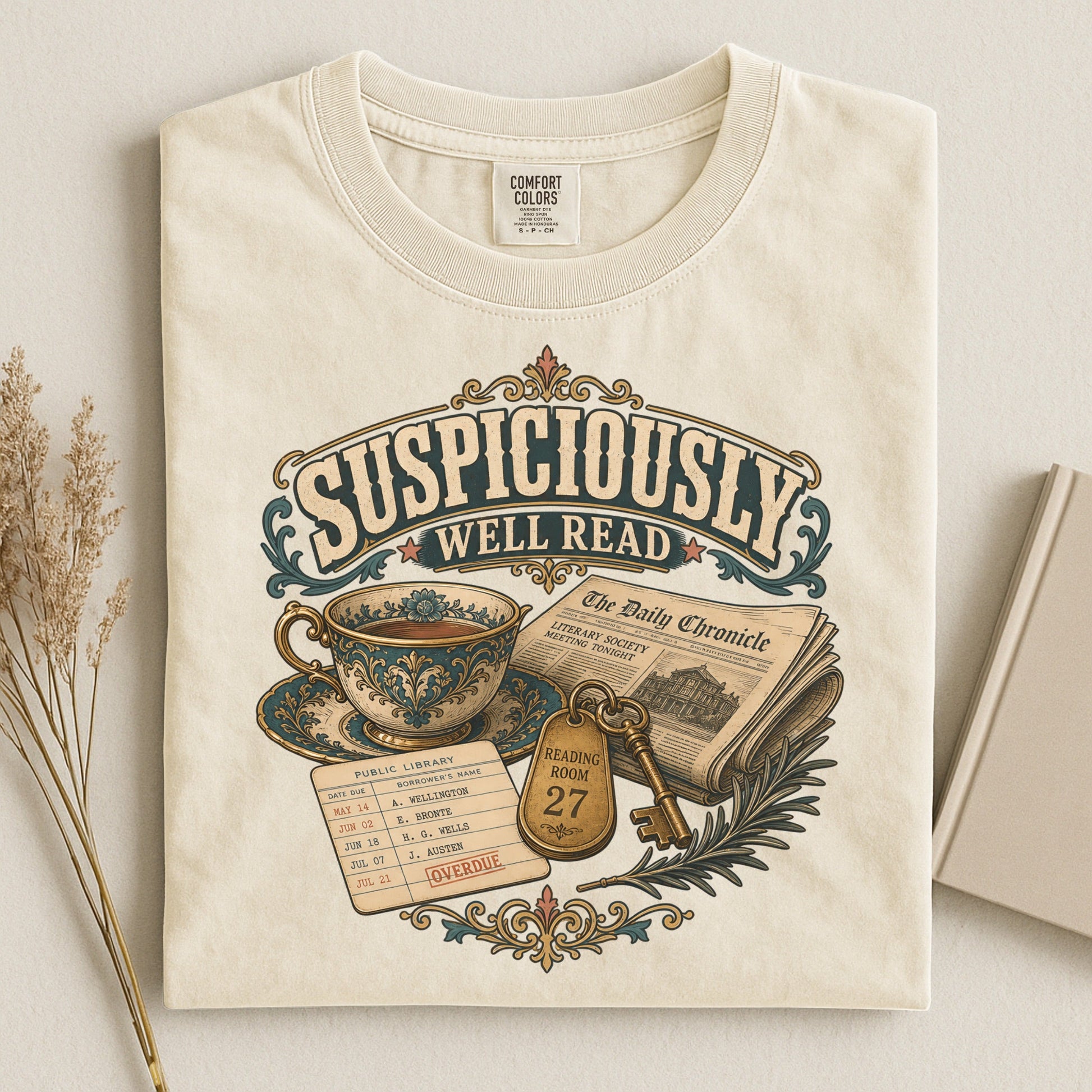 Suspiciously Well Read bookish tee in Ivory, flat lay