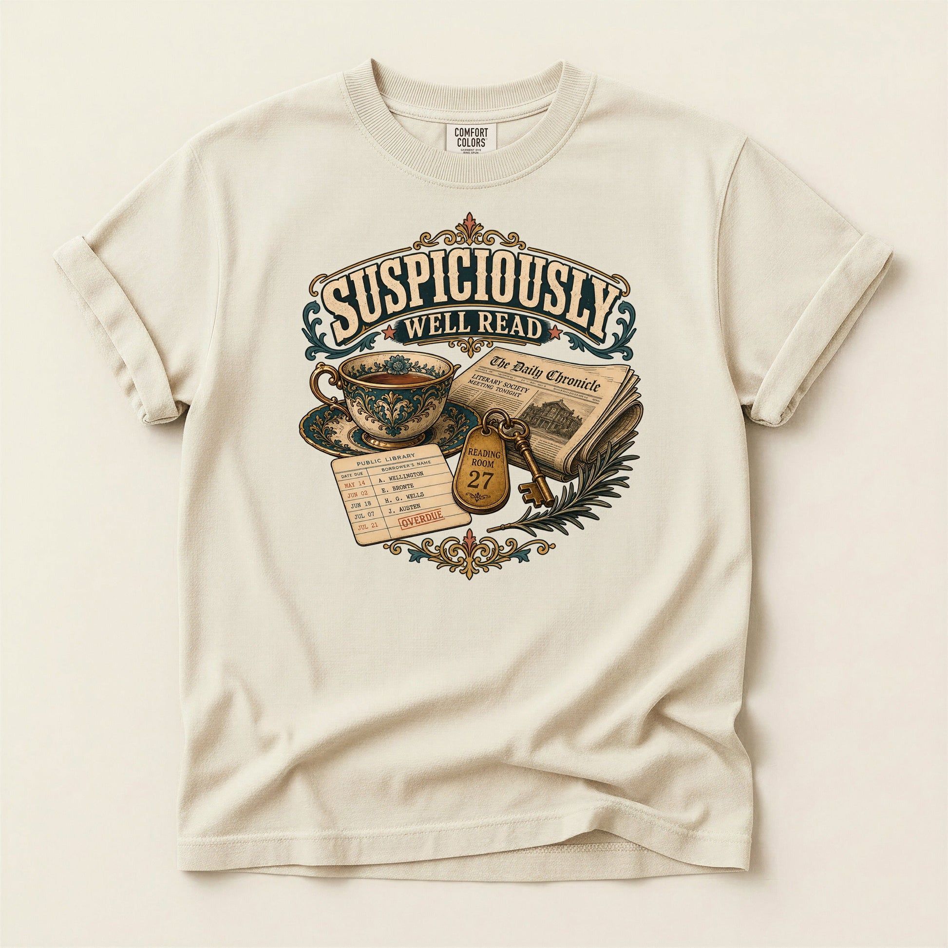 Suspiciously Well Read bookish tee in Ivory, full flat