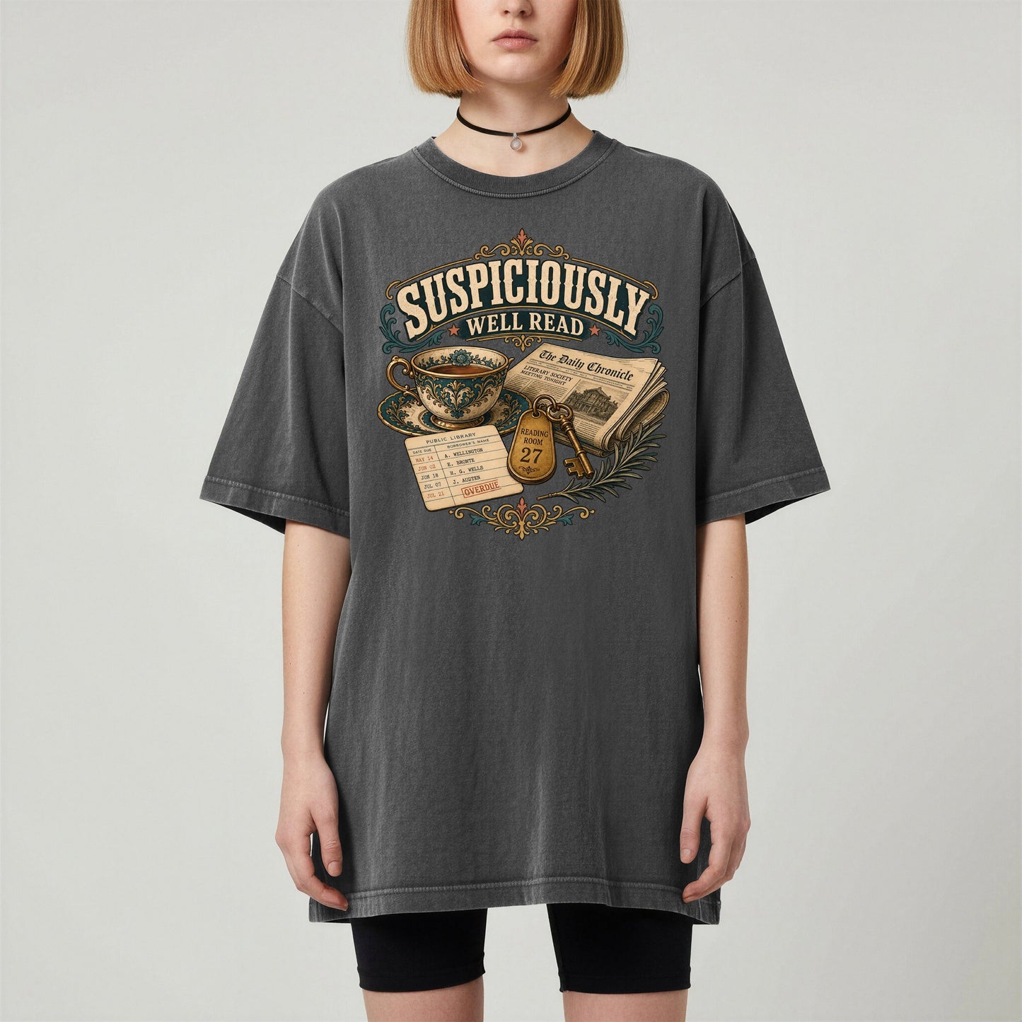 Suspiciously Well Read bookish tee in Pepper, worn