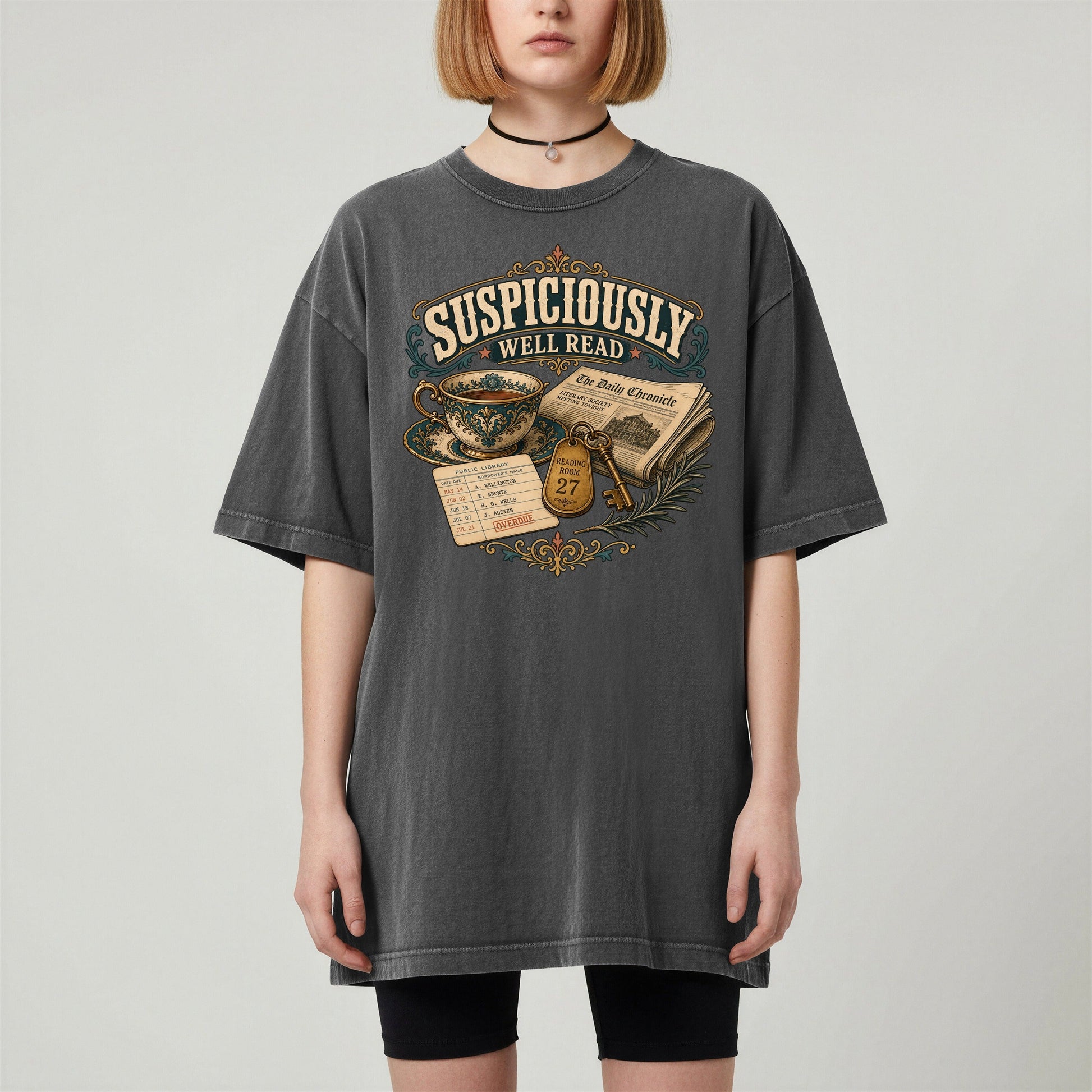 Suspiciously Well Read bookish tee in Pepper, worn