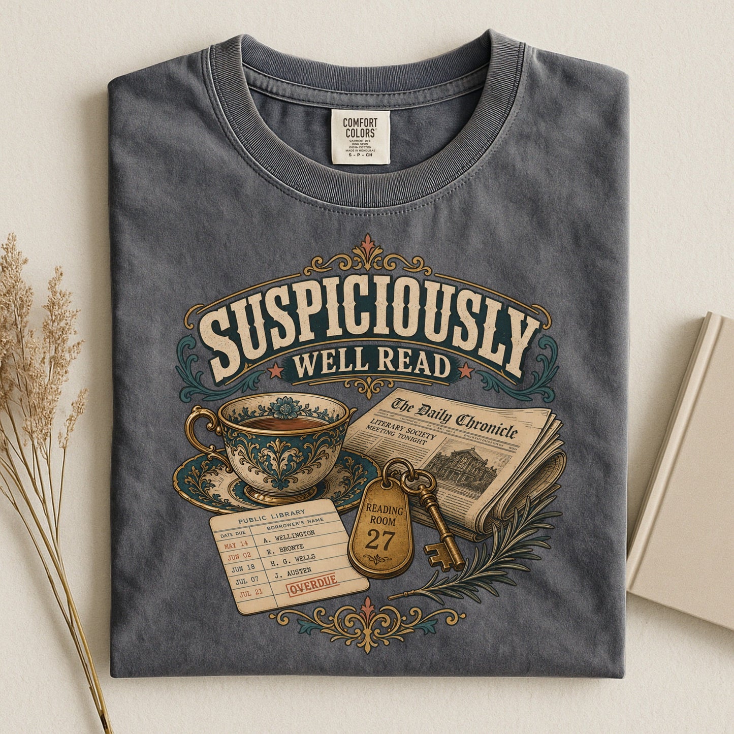 Suspiciously Well Read bookish tee in Pepper, flat lay