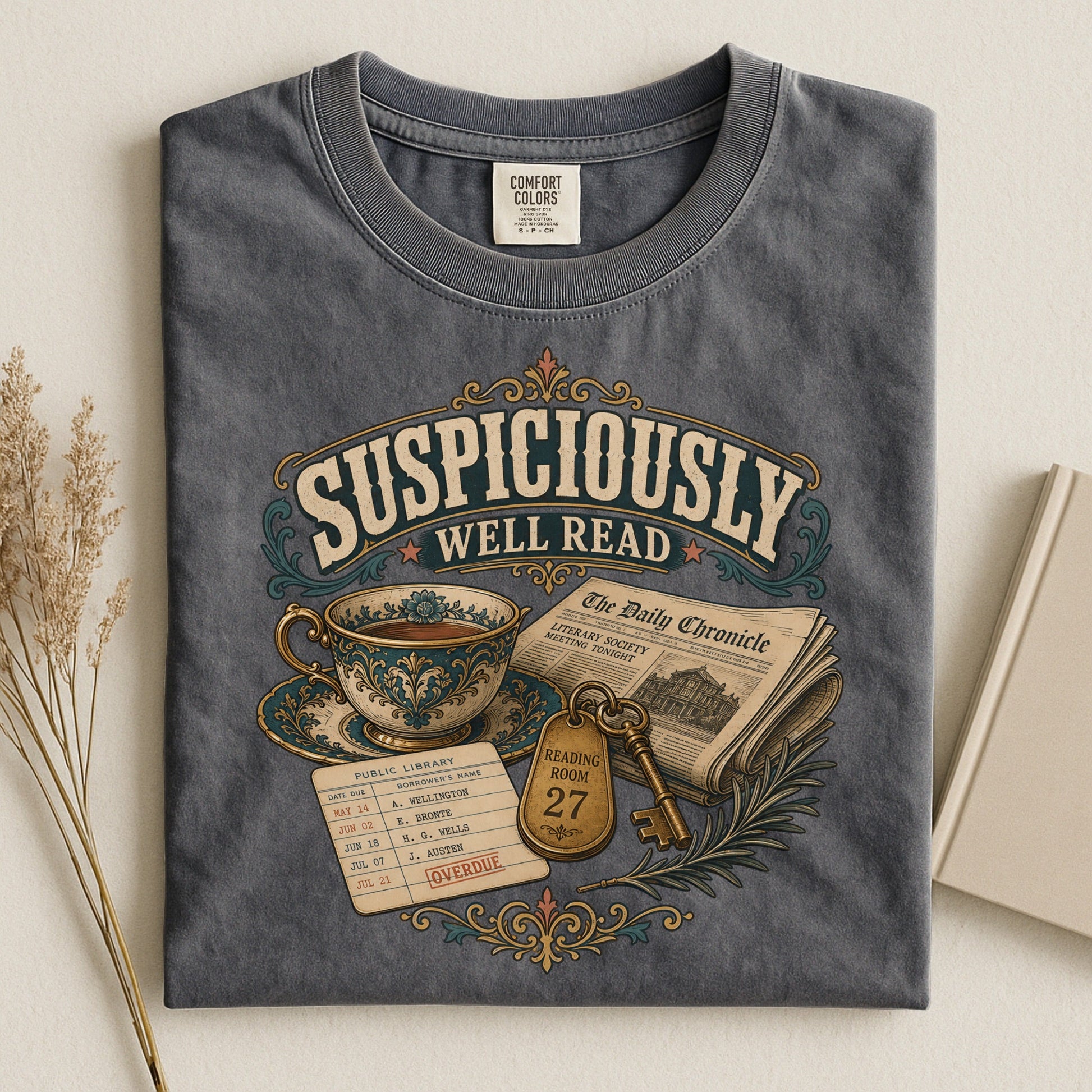 Suspiciously Well Read bookish tee in Pepper, flat lay
