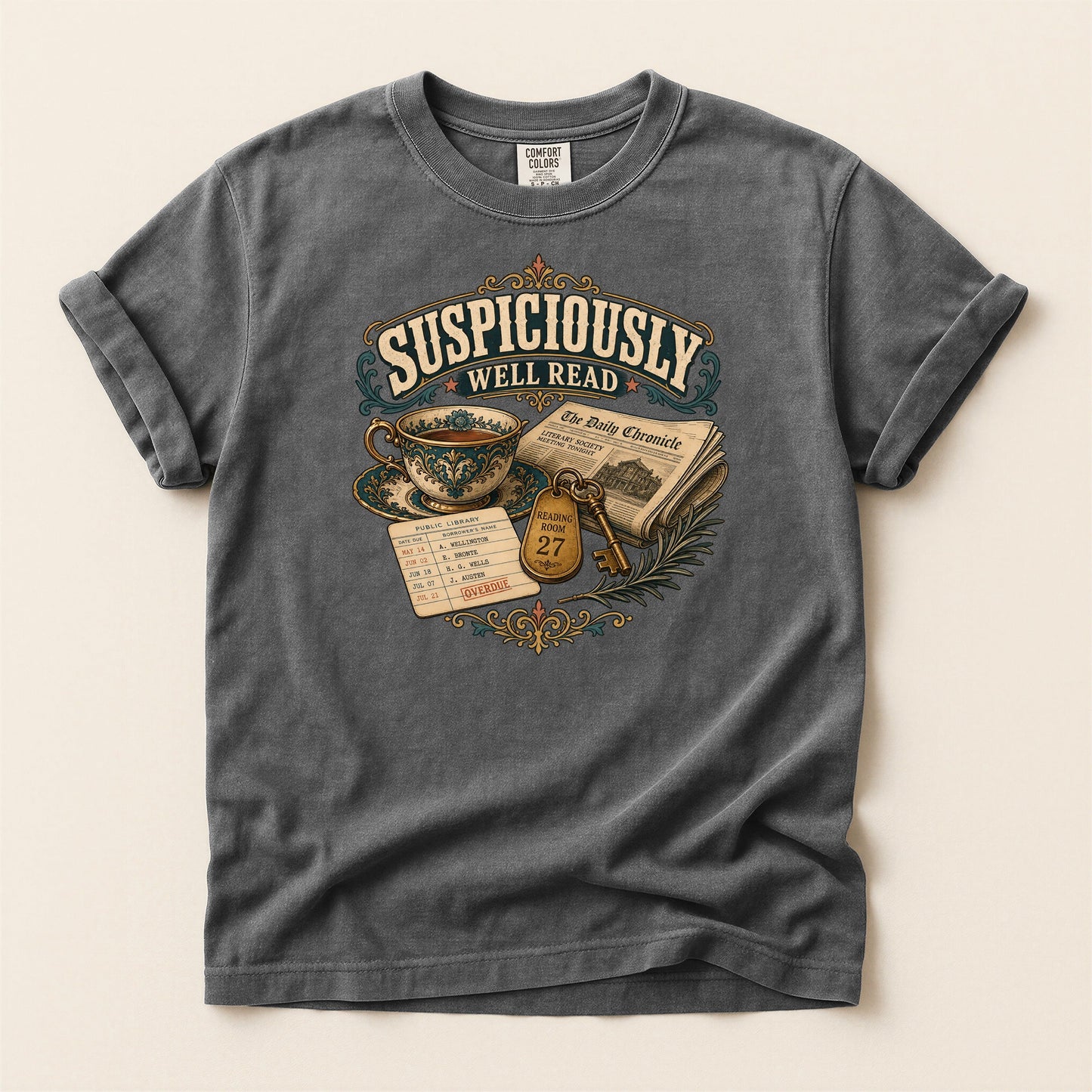 Suspiciously Well Read bookish tee in Pepper, full flat