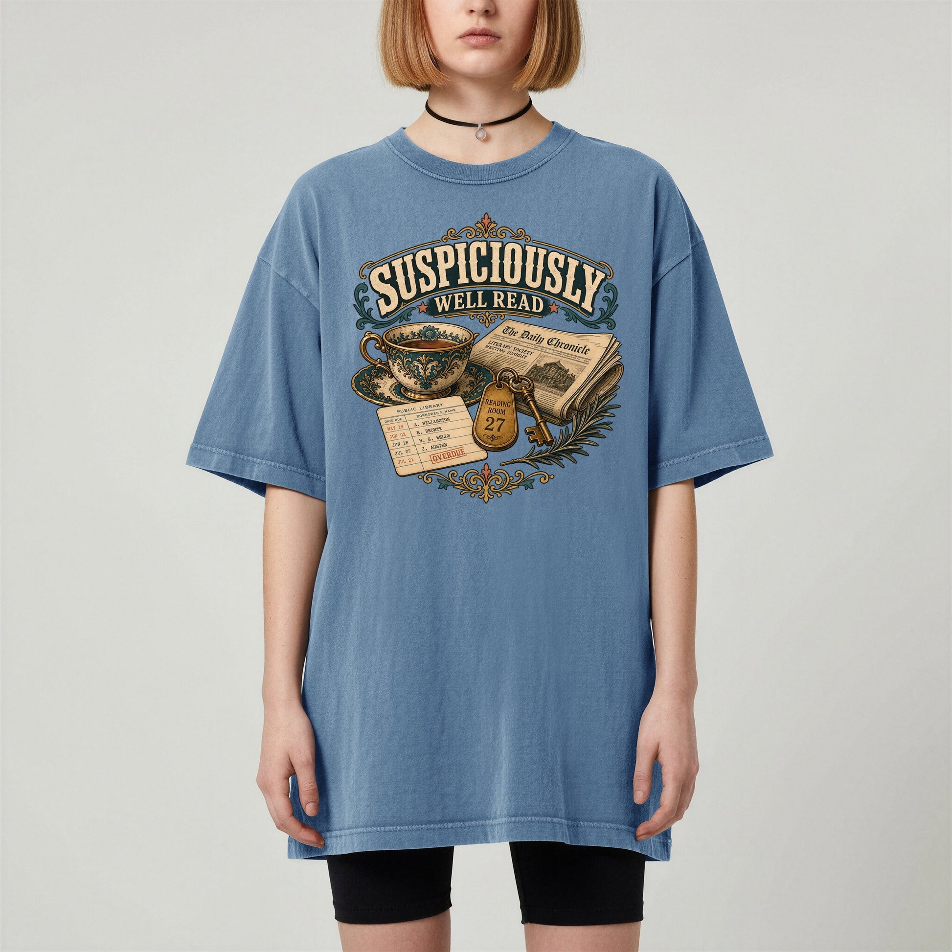 Suspiciously Well Read bookish tee in Blue Jean, worn