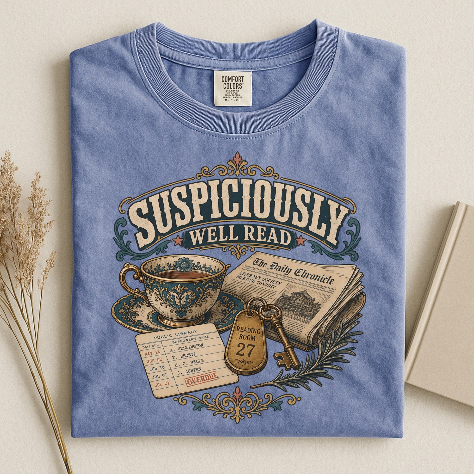 Suspiciously Well Read bookish tee in Blue Jean, flat lay
