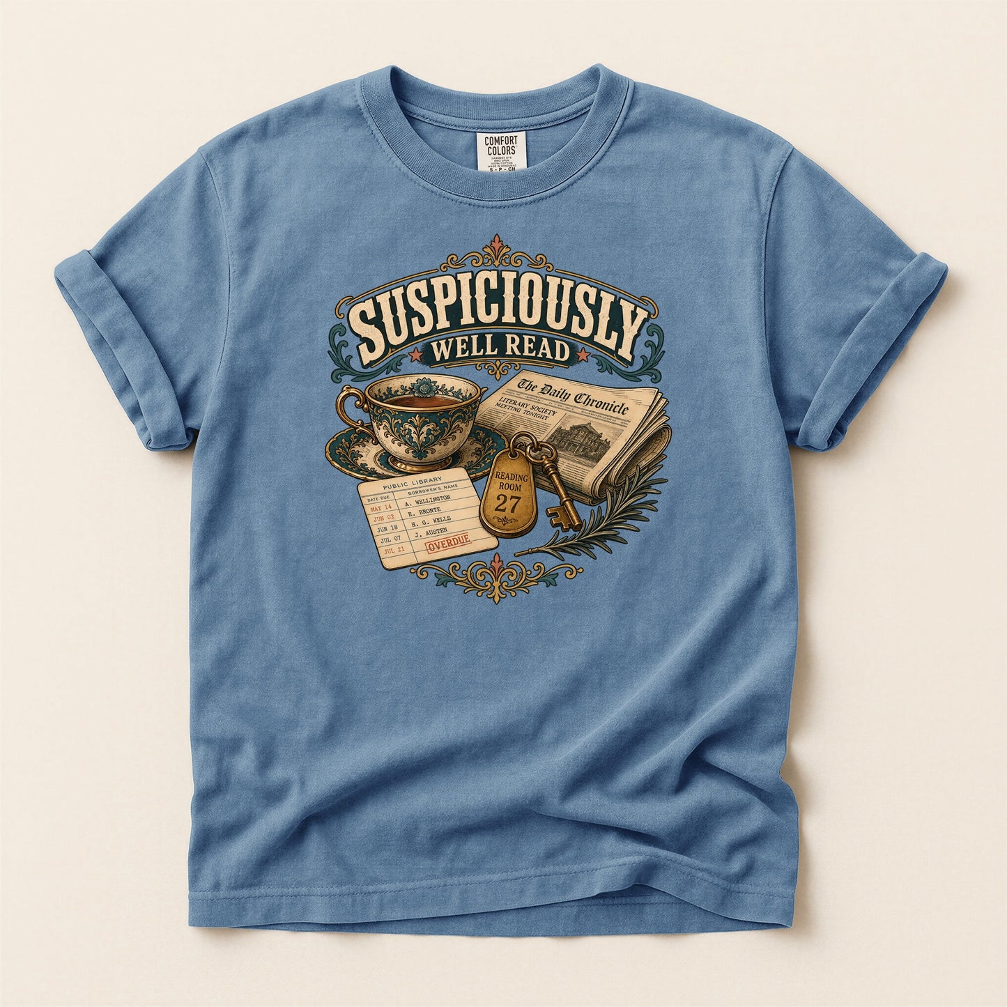 Suspiciously Well Read bookish tee in Blue Jean, full flat