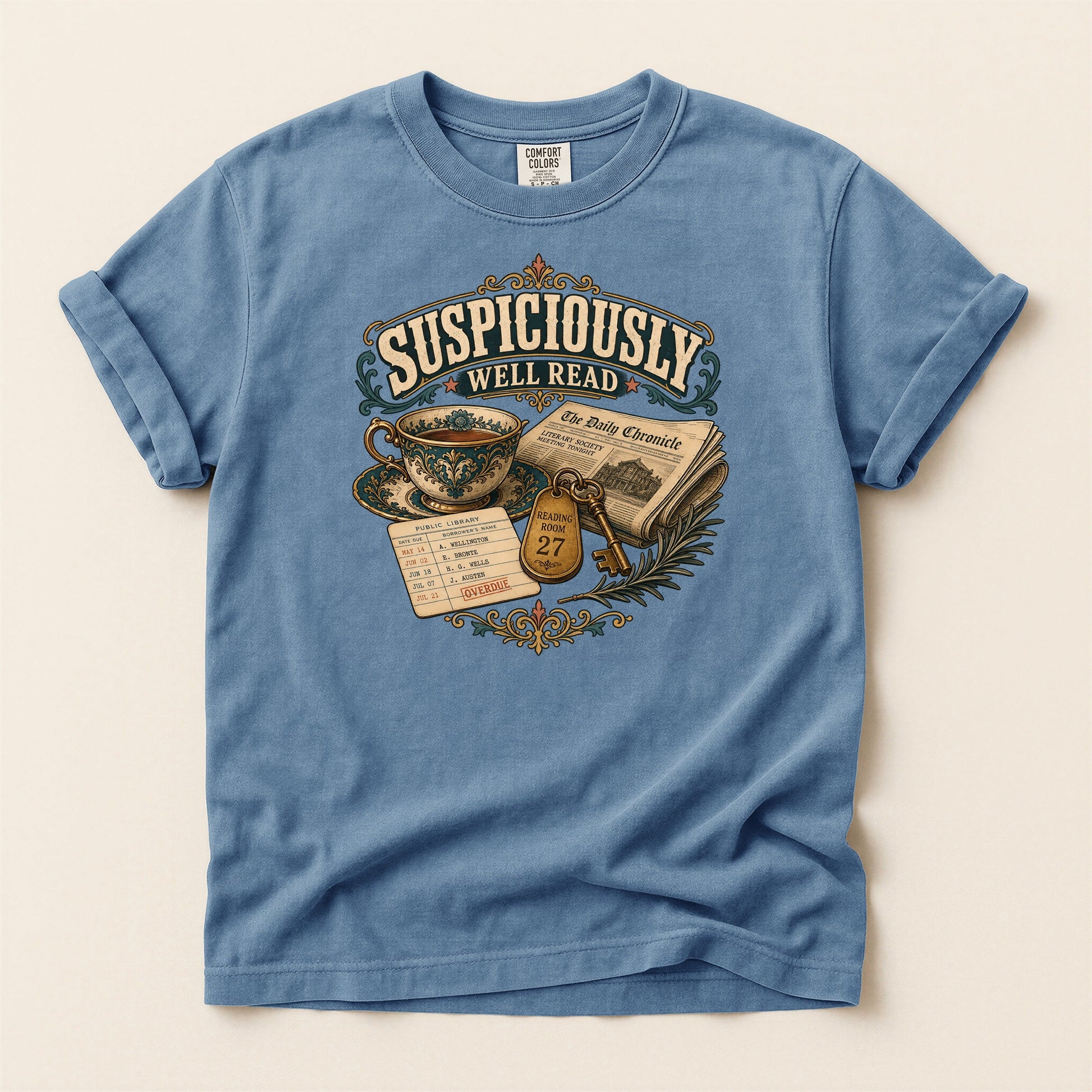 Suspiciously Well Read bookish tee in Blue Jean, full flat