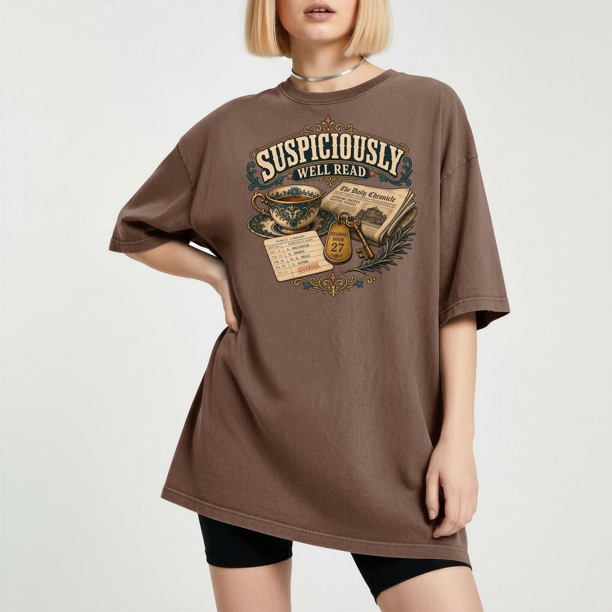 Suspiciously Well Read bookish tee in Espresso, worn