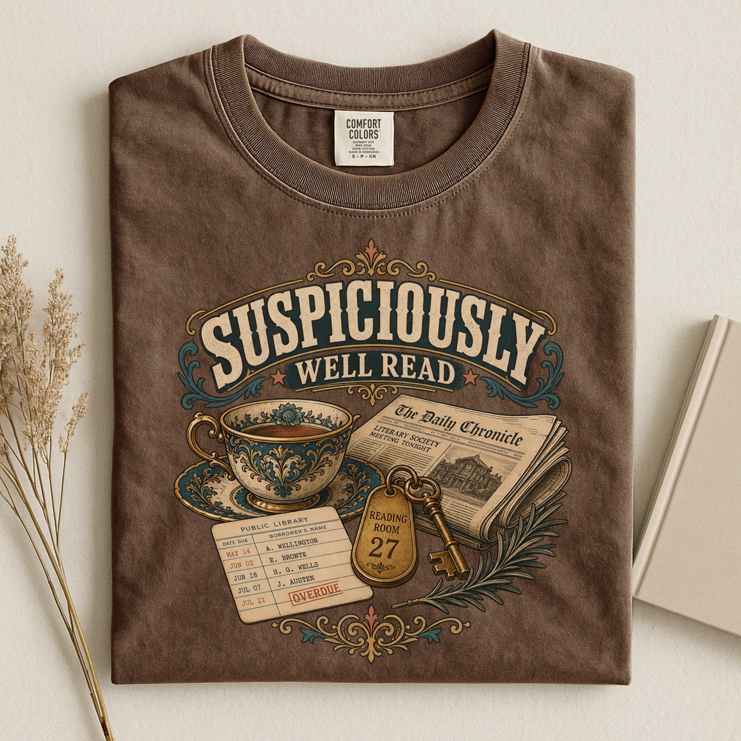 Suspiciously Well Read bookish tee in Espresso, flat lay
