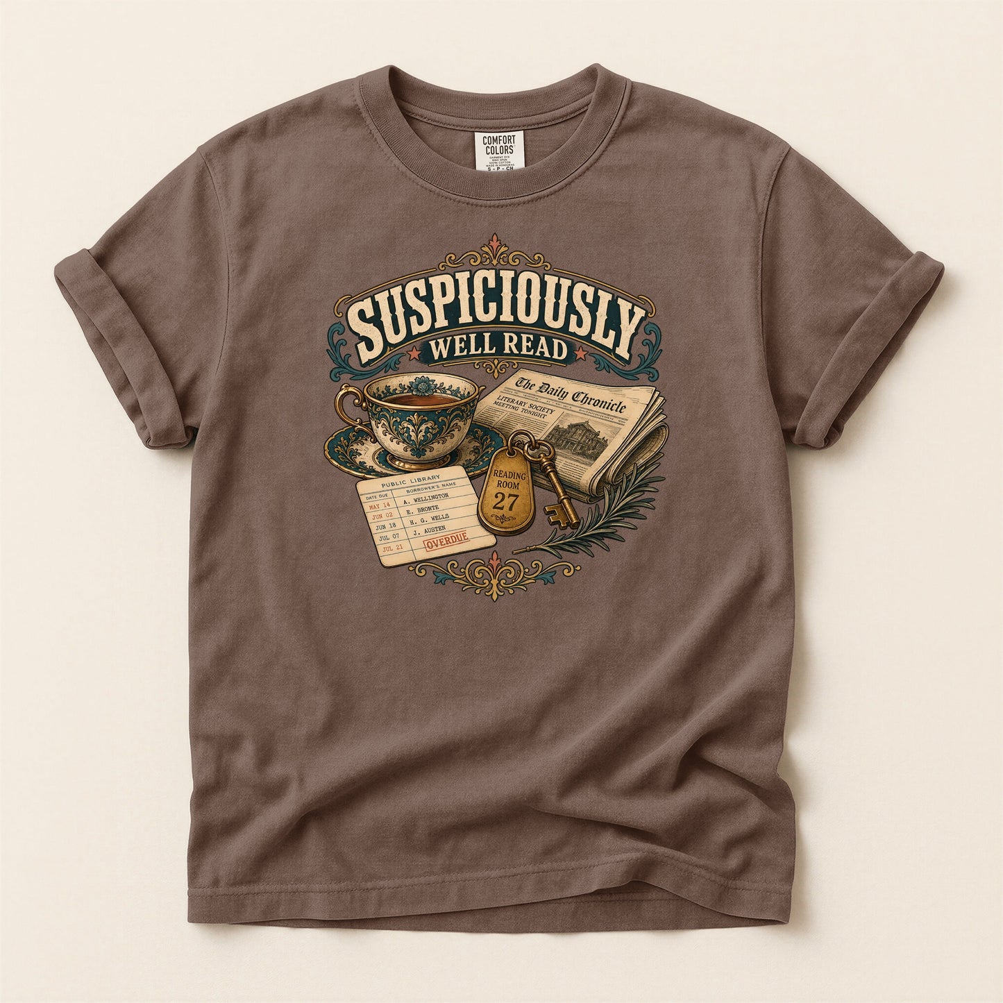 Suspiciously Well Read bookish tee in Espresso, full flat