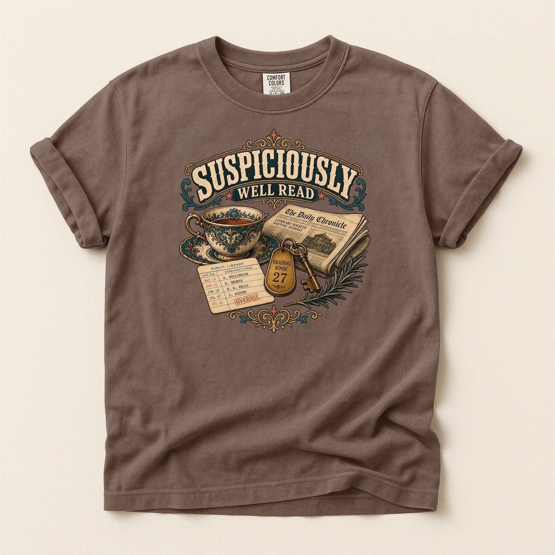 Suspiciously Well Read bookish tee in Espresso, full flat