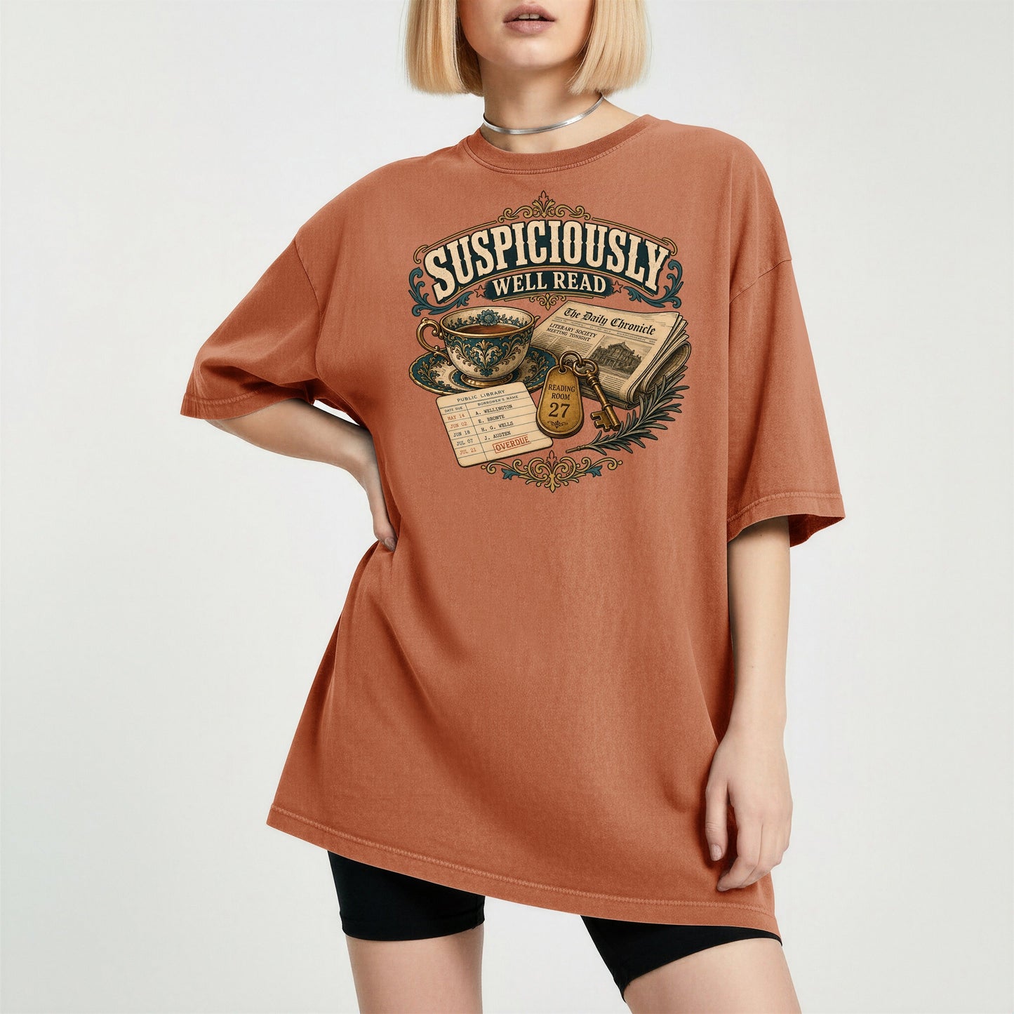 Suspiciously Well Read bookish tee in Yam, worn