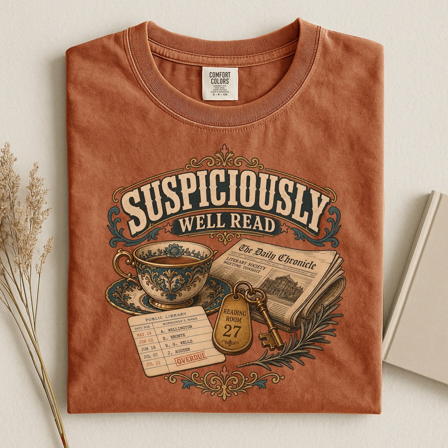 Suspiciously Well Read bookish tee in Yam, flat lay