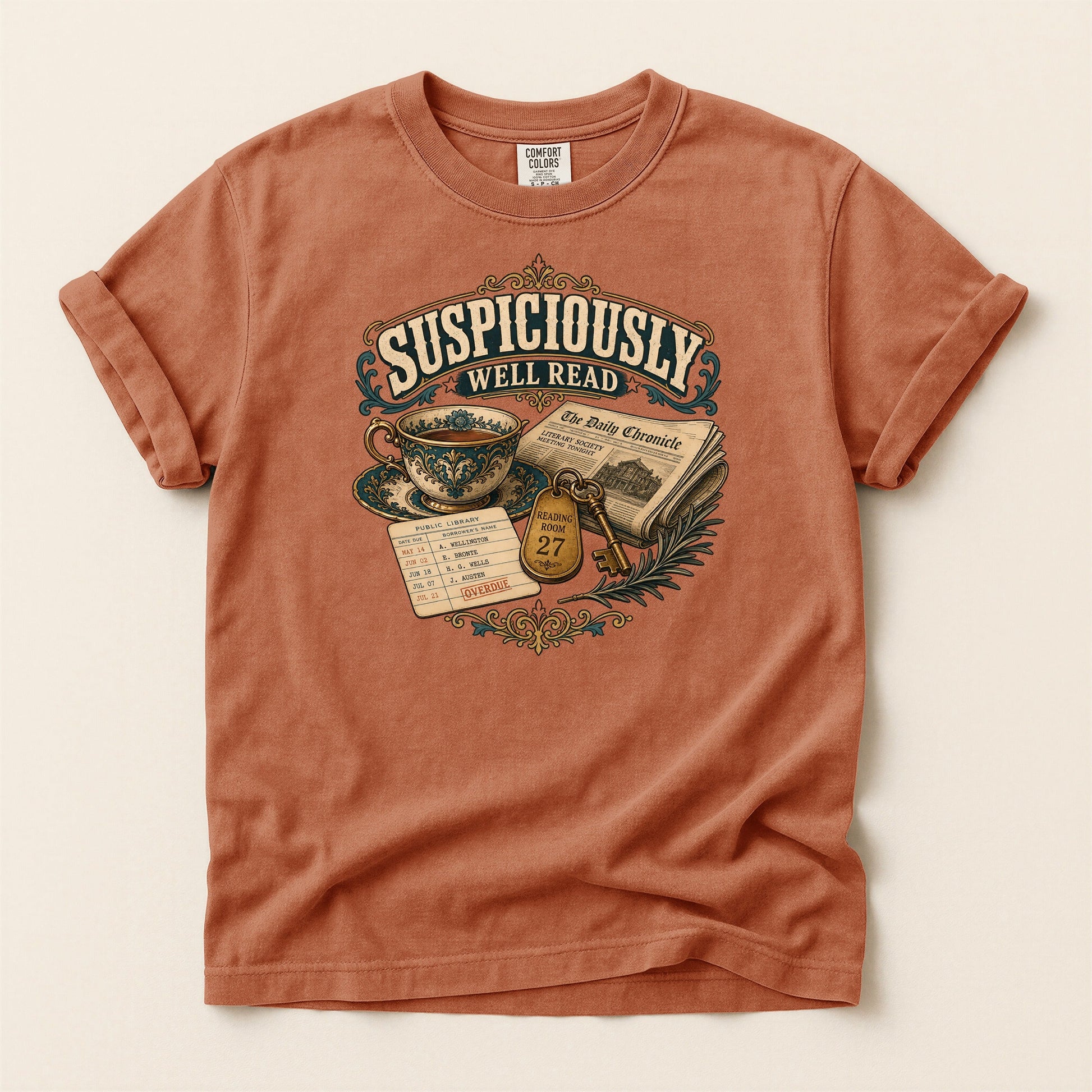 Suspiciously Well Read bookish tee in Yam, full flat