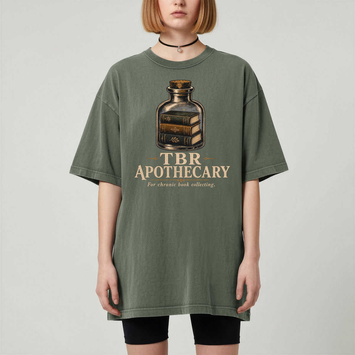 Shelf Love Studio TBR Apothecary t-shirt in Moss, worn