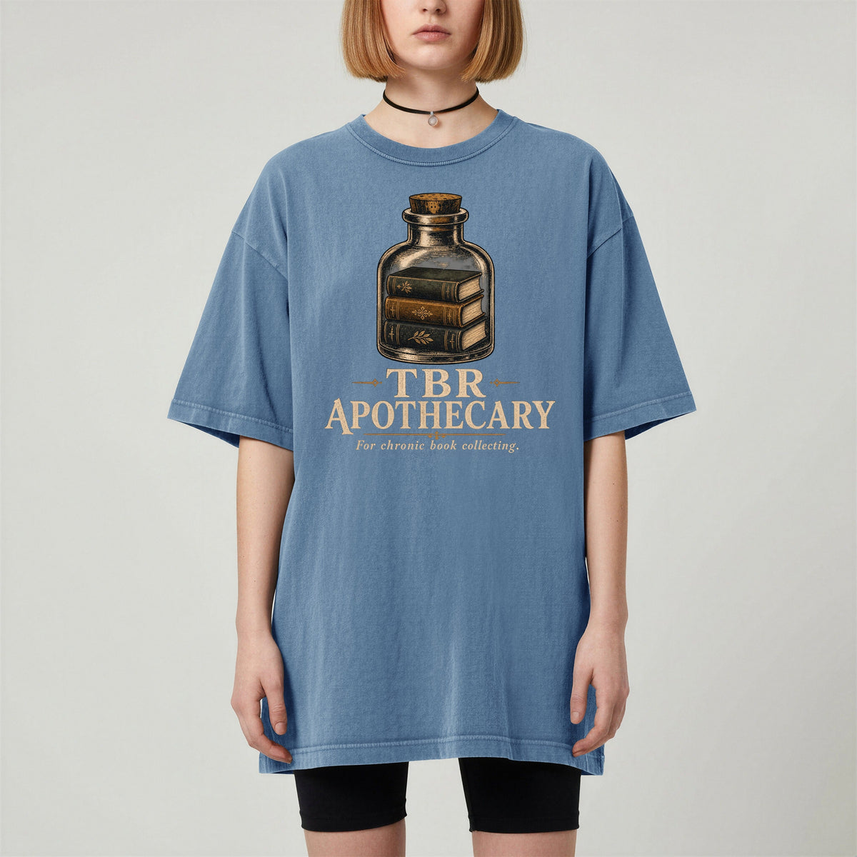 Shelf Love Studio TBR Apothecary t-shirt in Blue Jean, worn