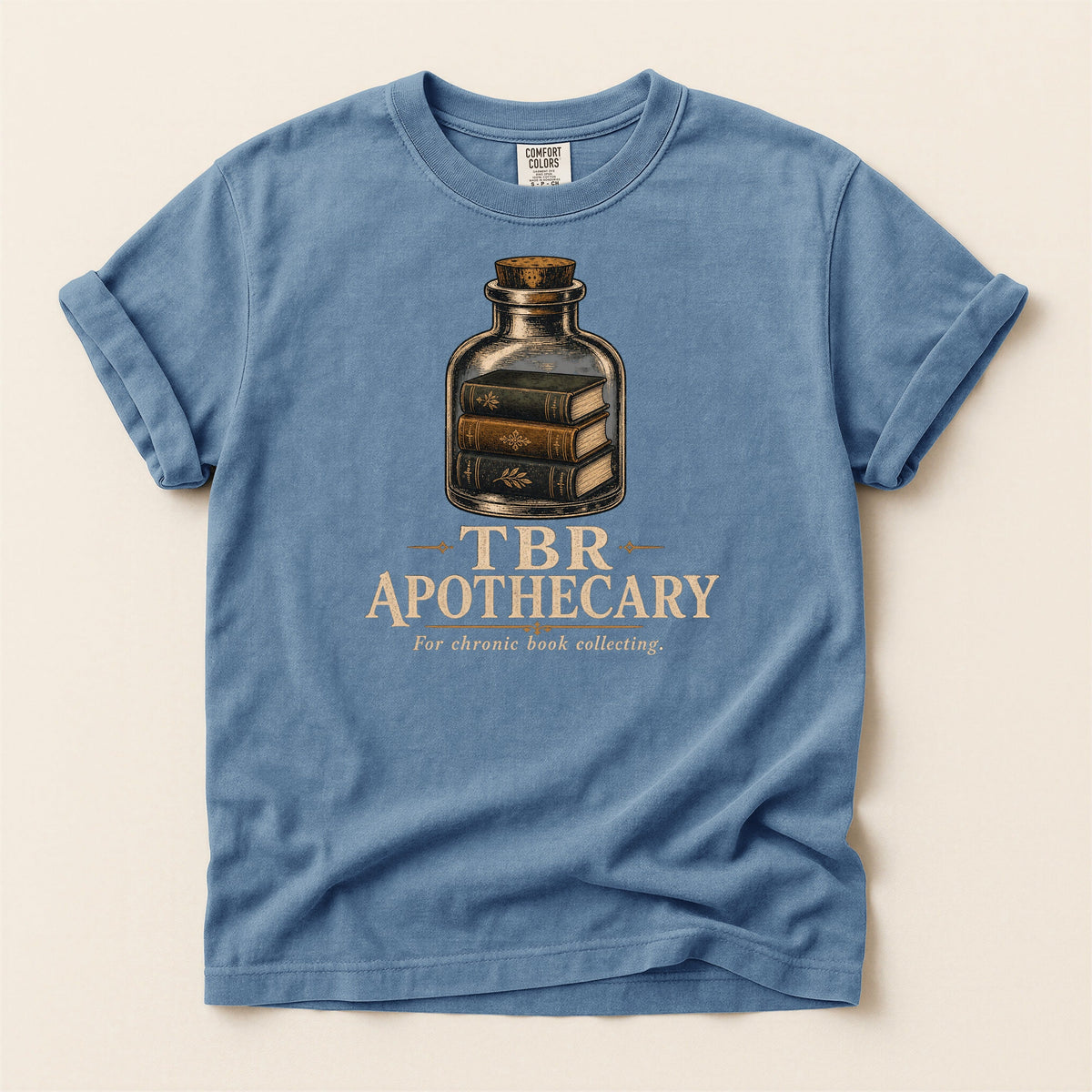 Shelf Love Studio TBR Apothecary t-shirt in Blue Jean, flat