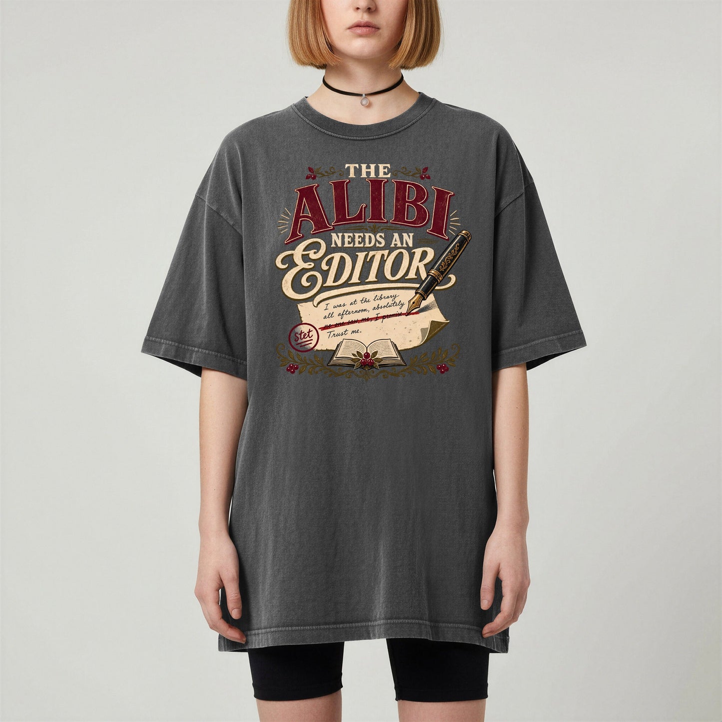 The Alibi Needs an Editor bookish tee in Pepper, worn