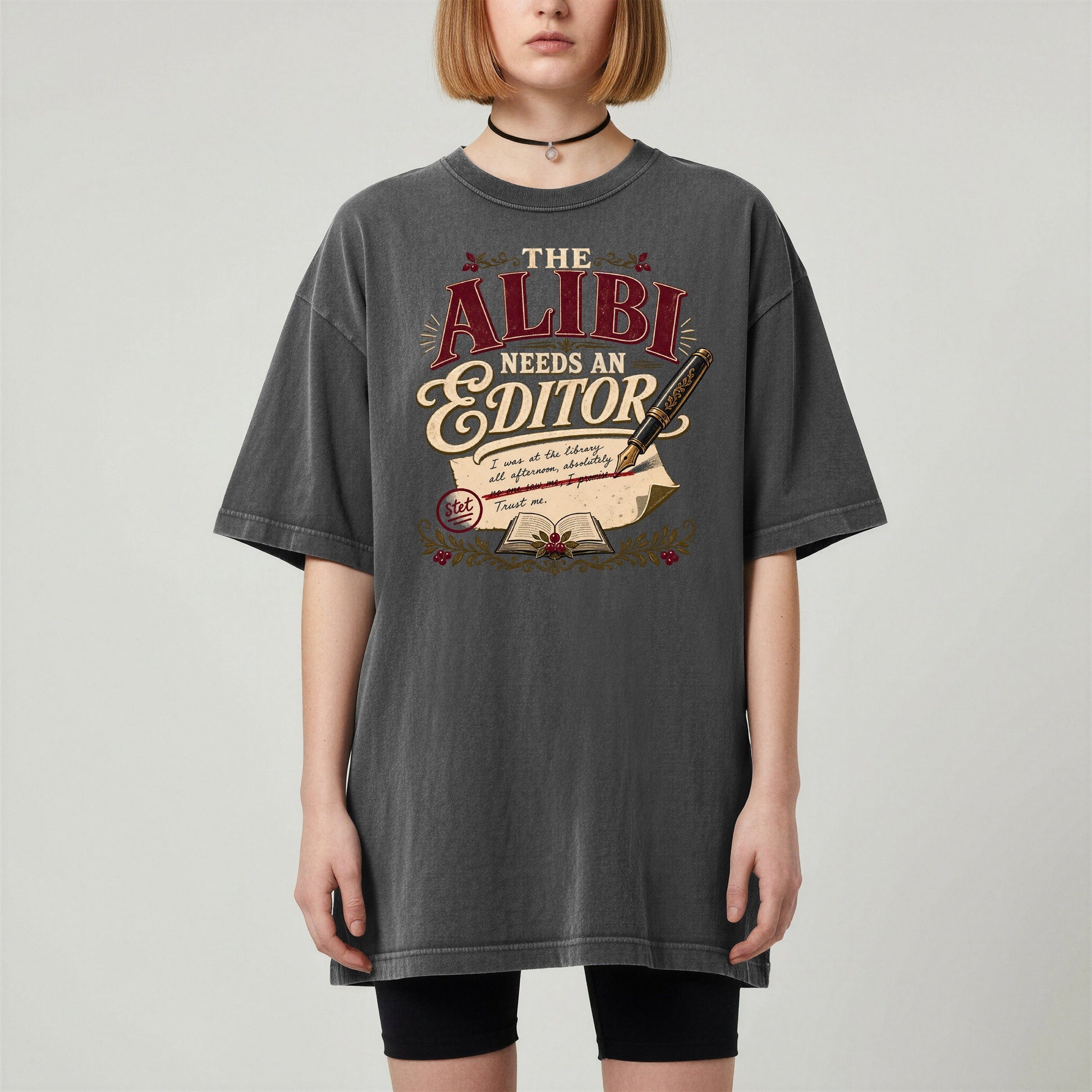 The Alibi Needs an Editor bookish tee in Pepper, worn
