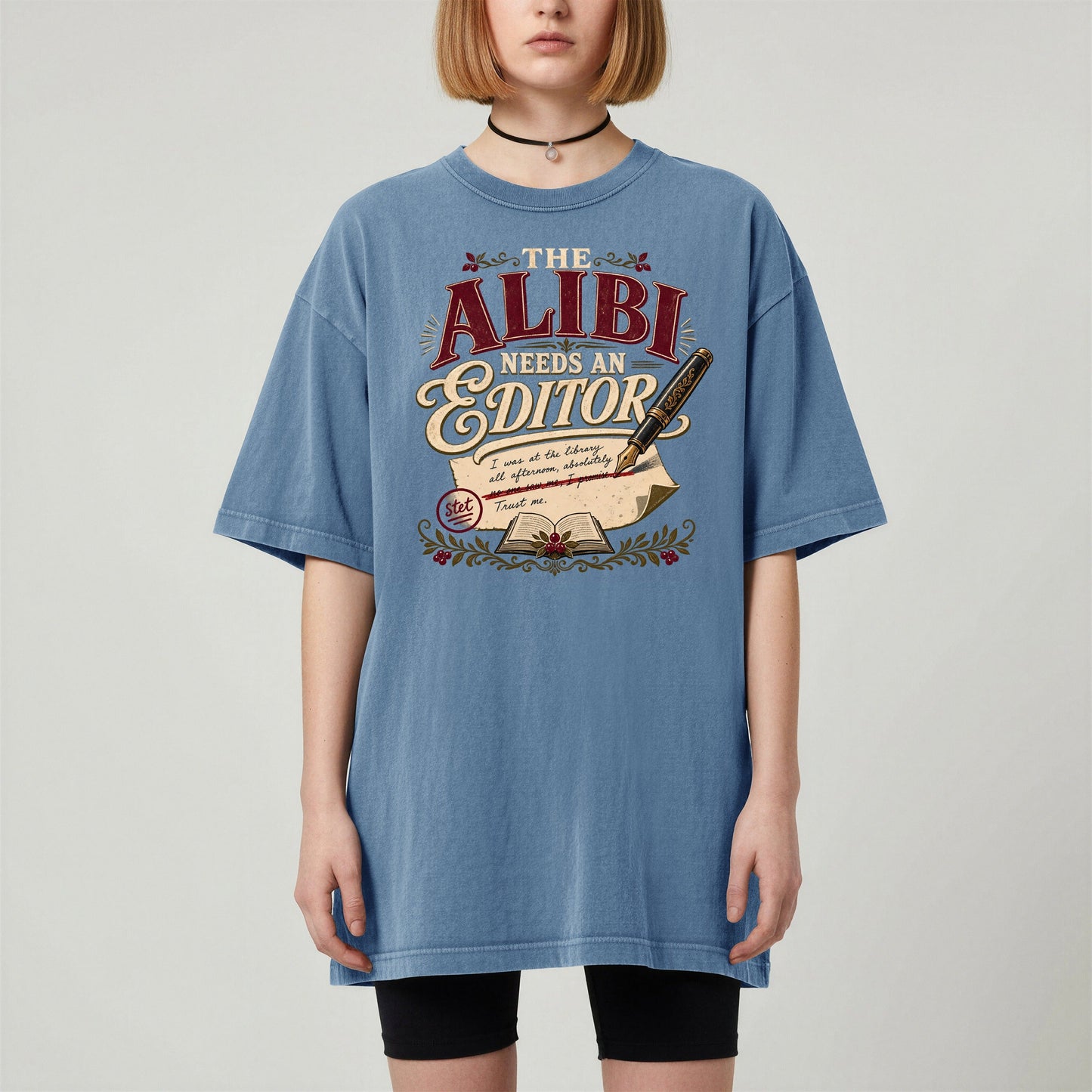 The Alibi Needs an Editor bookish tee in Blue Jean, worn